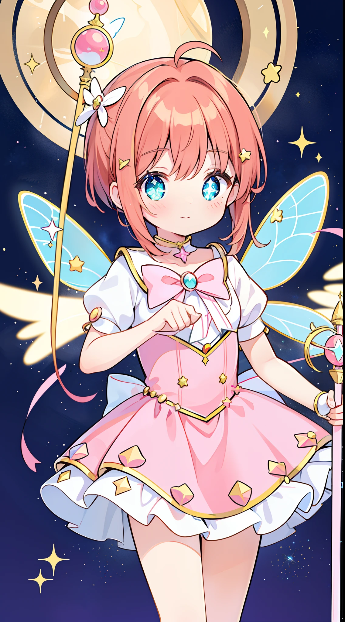 masterpiece, best quality, Anime girl with star wand in her hand, ((sparkling magical girl)), magical girl, cardcaptor sakura, clean and meticulous anime art, magical girl anime mahou shojo, beautiful anime art style, cute anime girl portraits, carrying a magical staff, zerochan art, lovely art style, astral fairy, Soft anime illustration