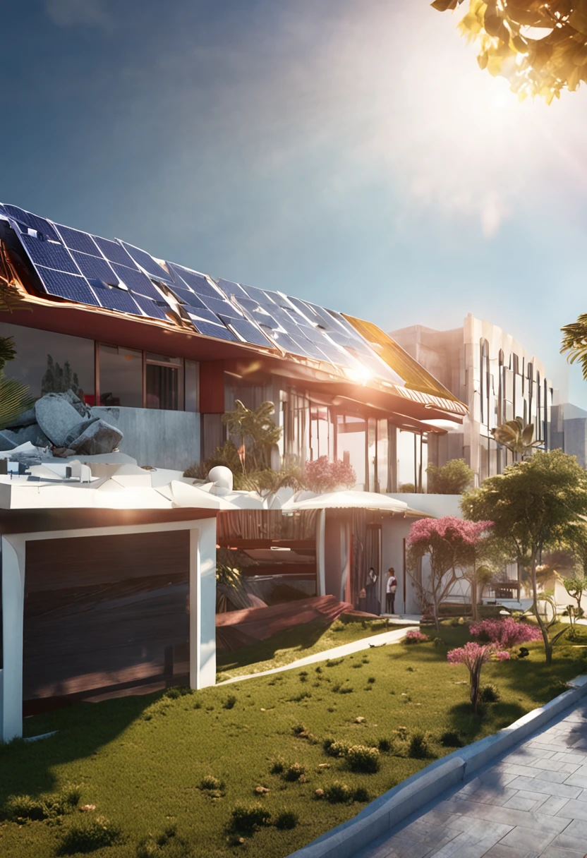 An image that radiates innovation and sustainability: no centro, a futuristic roof covered with gleaming solar panels, Capturing the Sun's Energy with a Dynamic Glow. An urban and verdant setting surrounds the scene, destacando como a energia solar pode transformar nosso ambiente.
The vibrant colors of the sunset reflect on the solar cells, criando uma harmonia entre tecnologia e natureza. The sky is a tapestry of hot tons, evoking a sense of hope and advancement. This image is more than a snapshot; It is an invitation to imagine a world driven by the sun, where clean energy is not just an option, But a choice certainly for a bright and sustainable future.