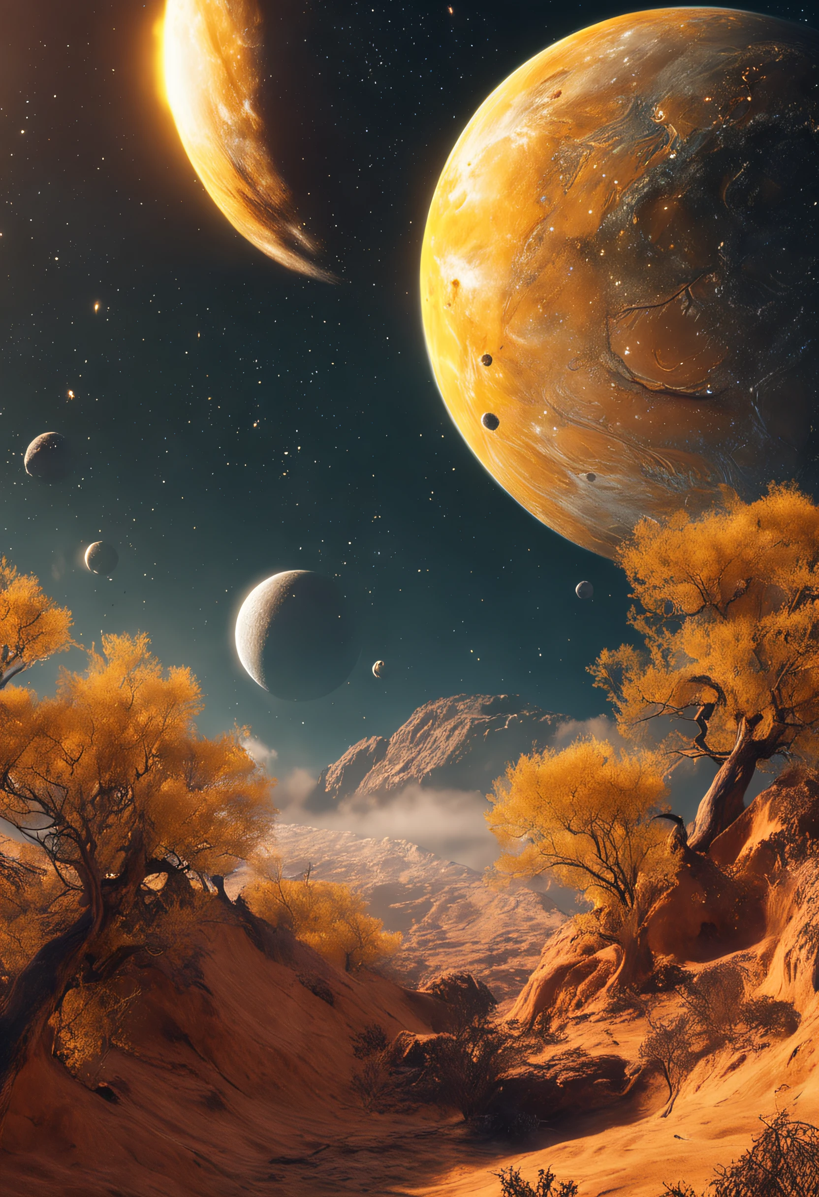 Beautiful space with mysterious yellow planets,trending in the artstation,rico colorido,um detalhado,intricada,16k,Romantismo lain,bela paisagem de fantasia,realista e natural,Sky of the Cosmos,Cor completa detalhada,natureza,High Definition Photography,hiper-realista fotorrealista,Elementos da NASA,magica,um detalhado,O brilho,realismo ultrarrealista