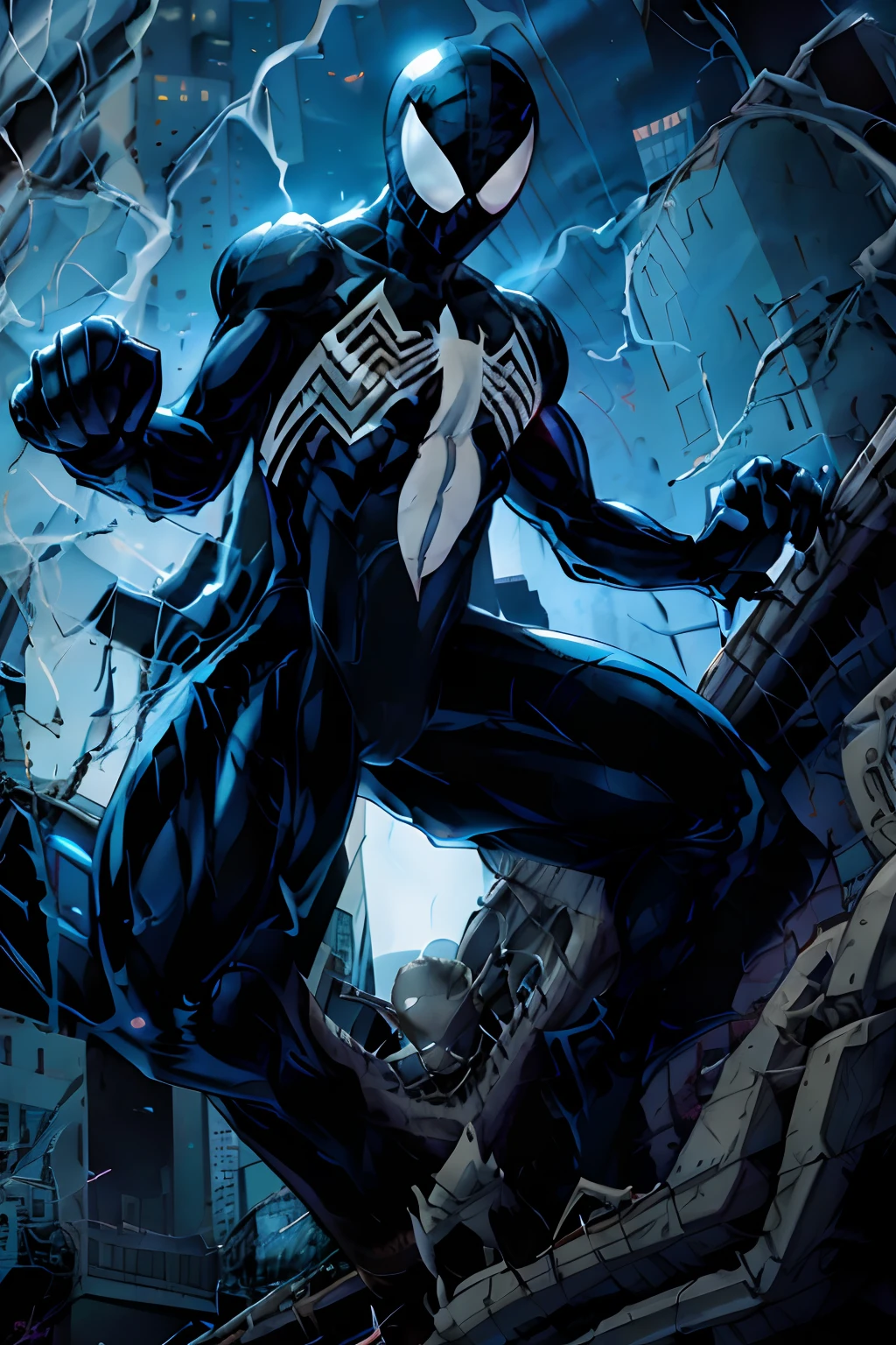 Venom having sex with a man whose face is visible, the location is a room coated in black slime, slime, corruption, symbiote, yaoi, 2boys, anal, transformation, torogao, completely_nude, long_tongue, tentacles, tan, large_insertion, high_quality, highres, best_quality, cum_in_ass,