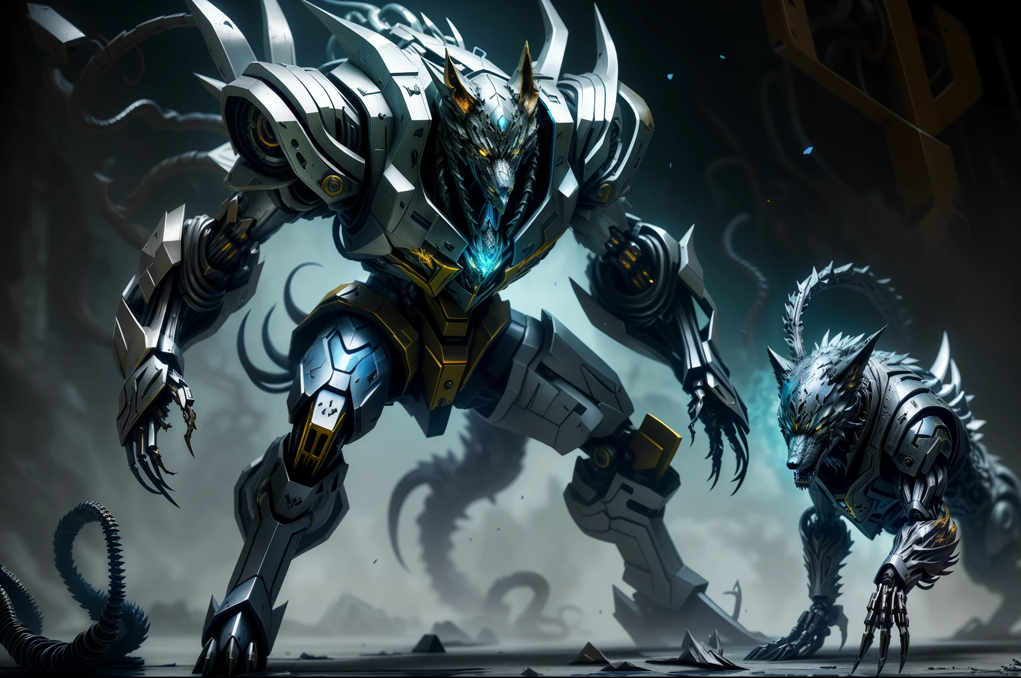 Silver-blue mecha wolf sculpture，Mechanical skin，Crawling attack stance，Silver mechanical articulated wing detailing，Explosive effect，Load weapon knives，tentaculata，Wallpapers of the highest quality，