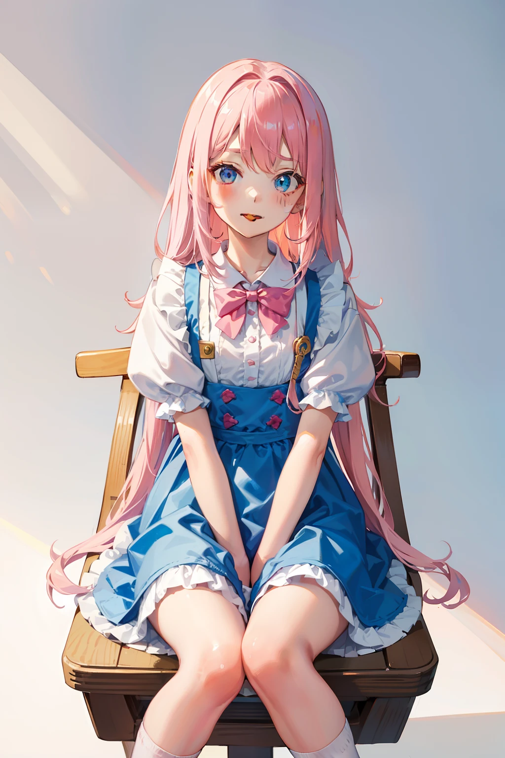 Pink hair ,White knee-length socks,sit on chair,Two legs,Separate the legs,She wears a blue princess dress,Big chest,Be red in the face,Eyes looking upwards,Stick out your tongue