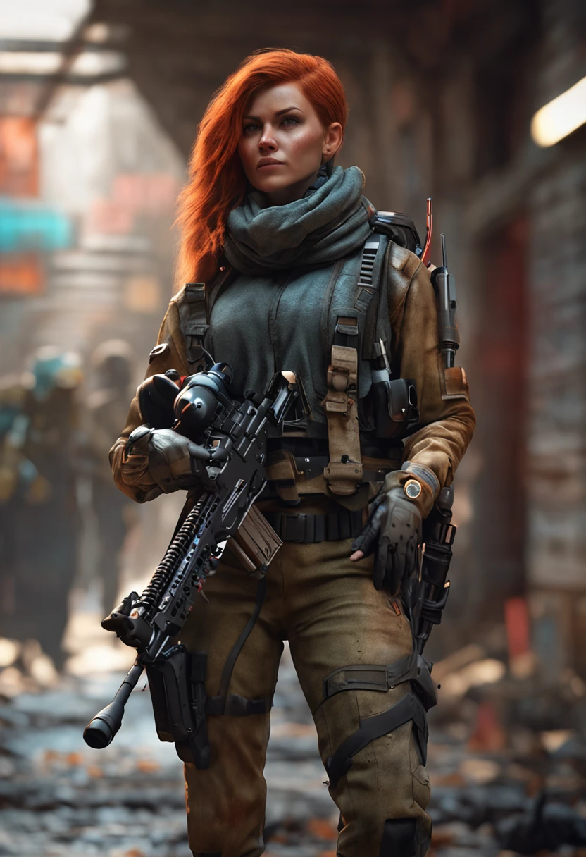 ((Best quality)), ((masterpiece)), (detailed: 1.4), 3D, cyberpunk, a beautiful red-haired woman with a pistol at her waist and a dead man on the ground