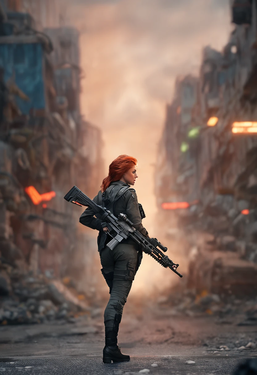 there is a woman with a gun in a dark alley, wojtek fus, female lead character, of a sniper girl in war, hyper-realistic cyberpunk style, redhead female cyberpunk, ultra realistic concept art, sci fi female character, photorrealistic concept art, dieselpunk soldier girl, stunning character art, unreal 5. rpg portrait, 3 d render character art 8 k
