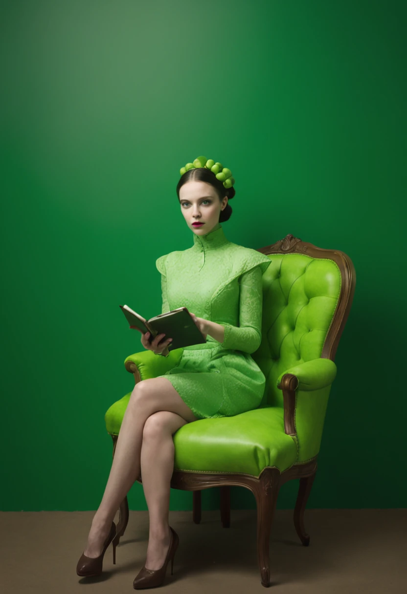 There is a woman sitting in a chair with a cell phone, Luz verde ambiental, Luz ambiental verde, inspirado por Ray Caesar, Greenish lighting, green lighting, Aura verde, Emma Watson como una silla de aguacate, Luz matricial verde, inspirado por Chris LaBrooy, androide femenino retrofuturista, Dramatic green lighting, android heroine, luz verde, Biophilia mood