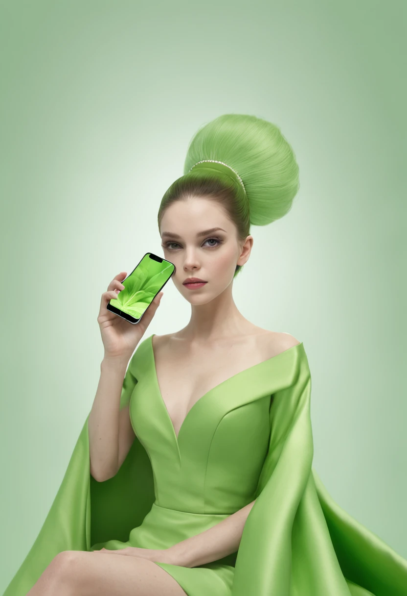 There is a woman sitting in a chair with a cell phone, Luz verde ambiental, Luz ambiental verde, inspirado por Ray Caesar, Greenish lighting, green lighting, Aura verde, Emma Watson como una silla de aguacate, Luz matricial verde, inspirado por Chris LaBrooy, androide femenino retrofuturista, Dramatic green lighting, android heroine, luz verde, Biophilia mood