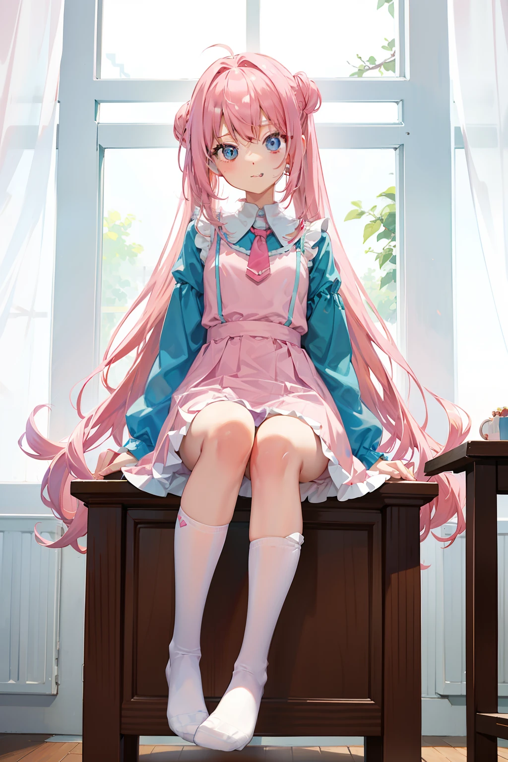 Pink hair loli，White knee-length socks，sit on chair，Two legs，Separate the legs，She wears a blue princess dress，Big chest，Be red in the face，Eyes looking upwards，Stick out your tongue，Two arms，arm on chest，The legs are spread widely
