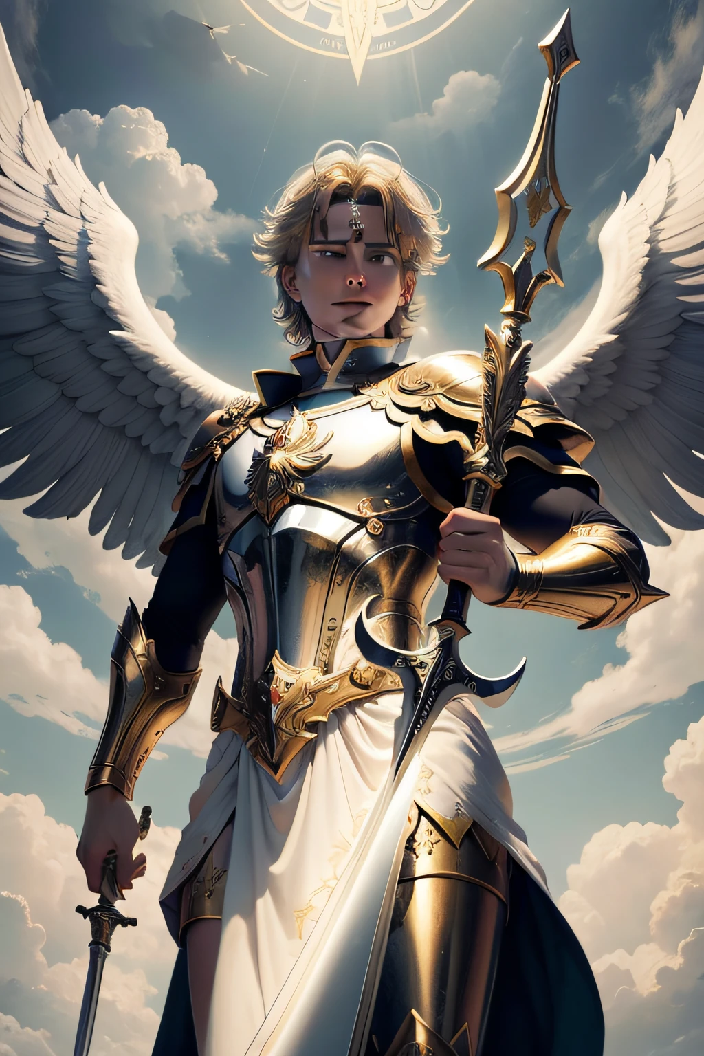 Saint Michael the Archangel: "An image of Saint Michael with open wings, wielding a shining sword, with a determined countenance, defending Heaven. The background should be celestial, with white clouds and golden tones illuminating it."