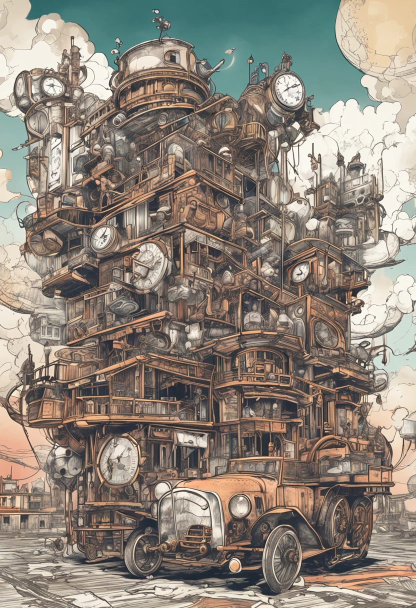 masterpiece、Detailed drawing、Detailed drawing、Smooth expression、Beautiful expression、Japanese Steampunk、Pretty Woman、Gears, clocks and piping、midday、steams、Vast space、high sky、High clouds、Balance of the whole body、zoomout、ink drops、Steampunk-style Japanese-style building、