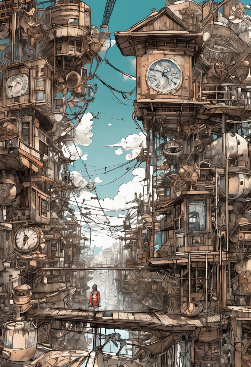 masterpiece、Detailed drawing、Detailed drawing、Smooth expression、Beautiful expression、Japanese Steampunk、Pretty Woman、Gears, clocks and piping、midday、steams、Vast space、high sky、High clouds、Balance of the whole body、zoomout、ink drops、Steampunk-style Japanese-style building、