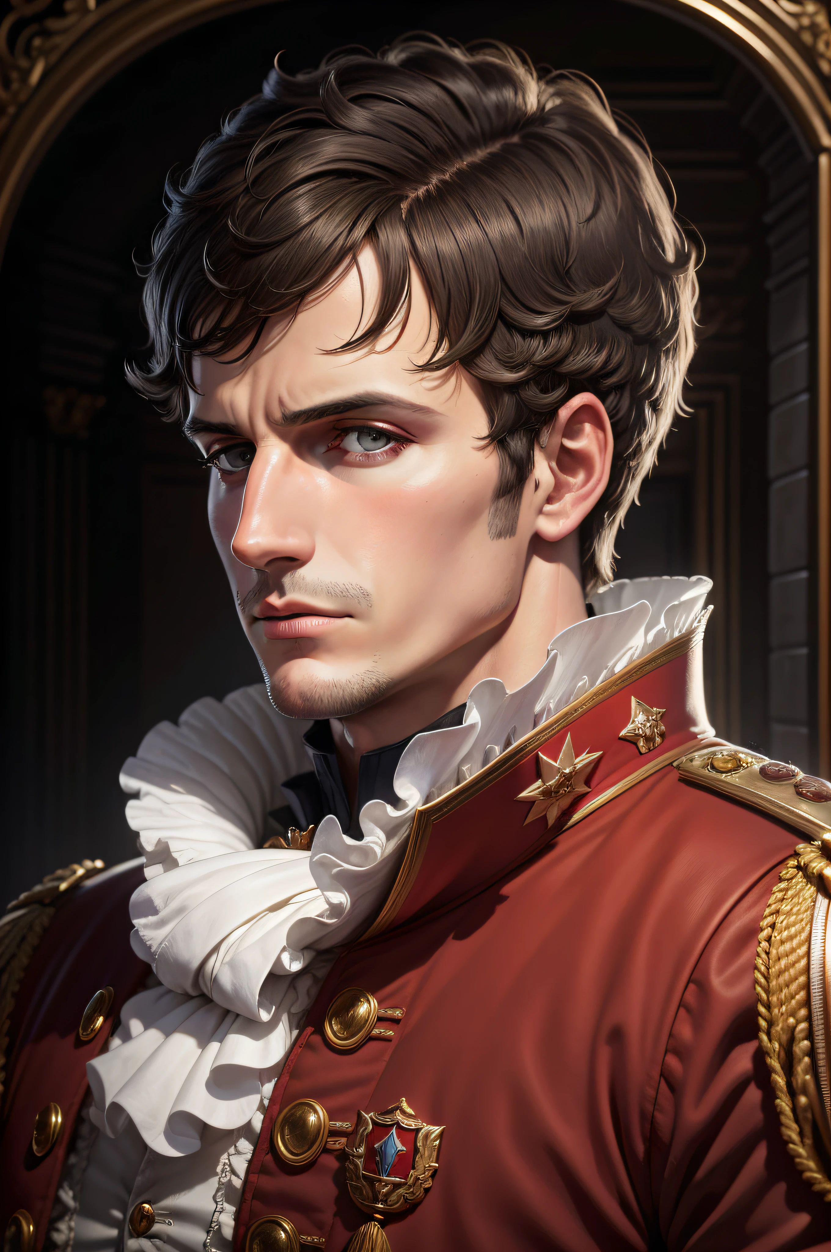 A young man dressed as a guard holds a meeting (1.5) With a majestic and dangerous expression against the background of a large combat command