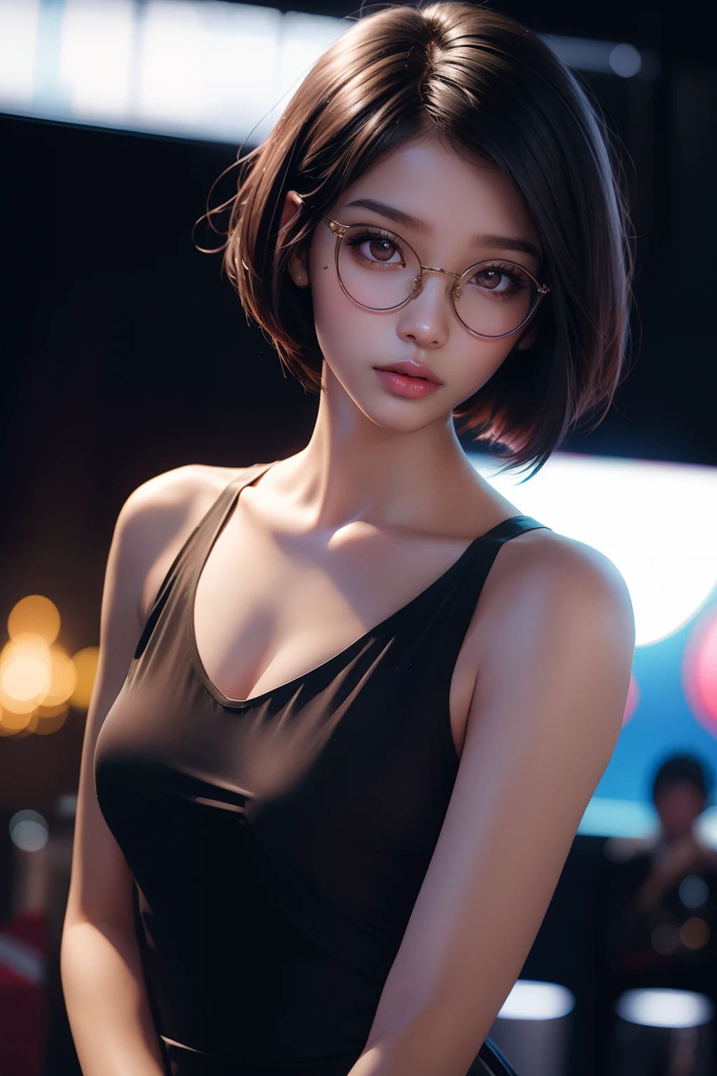 1girll, Beautiful girl, wears glasses, Brown skin, A small mole on the right cheek, Half body, Body length 150 cm, 20 years old, Brown-skinned girl, .(Short black hair, Street hairstyle) , (Black eyes), Realistic eyes, Beautiful and big eyes), Sexy clothes, Small breasts, (8K wallpaper), (Stage wallpaper) 8K, High quilt, Realistic, Beautiful reality, Cool details, RAW photo, realistic dress, Short hair, Black hair, photo-realistic hair, Bright and cool lighting, photograph realistic, cel-shaded, Gel illumination, hyper-detailing，exposed