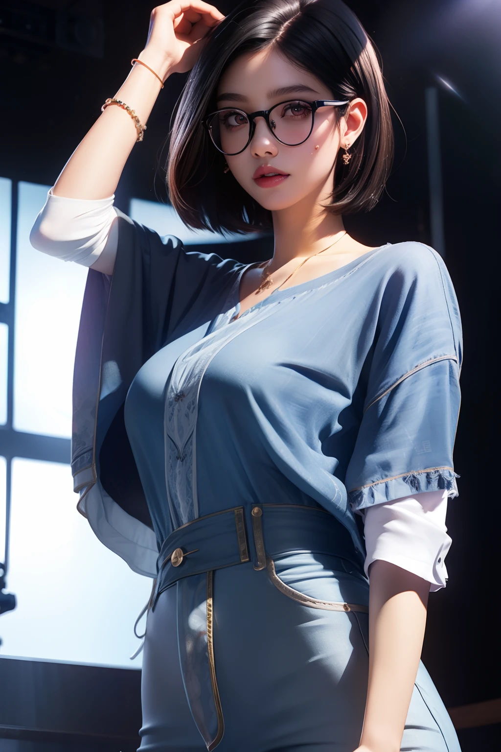 1girll, Beautiful girl, wears glasses, Brown skin, A small mole on the right cheek, Half body, Body length 150 cm, 20 years old, Brown-skinned girl, .(Short black hair, Street hairstyle) , (Black eyes), Realistic eyes, Beautiful and big eyes), Sexy clothes, Small breasts, (8K wallpaper), (Stage wallpaper) 8K, High quilt, Realistic, Beautiful reality, Cool details, RAW photo, realistic dress, Short hair, Black hair, photo-realistic hair, Bright and cool lighting, photograph realistic, cel-shaded, Gel illumination, hyper-detailing，exposed