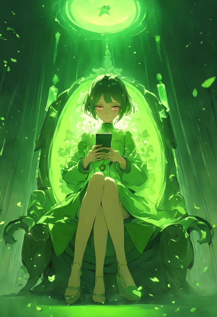 There is a woman sitting in a chair with a cell phone, Luz verde ambiental, Luz ambiental verde, inspirado por Ray Caesar, Greenish lighting, green lighting, Aura verde, Emma Watson como una silla de aguacate, Luz matricial verde, inspirado por Chris LaBrooy, androide femenino retrofuturista, Dramatic green lighting, android heroine, luz verde, Biophilia mood