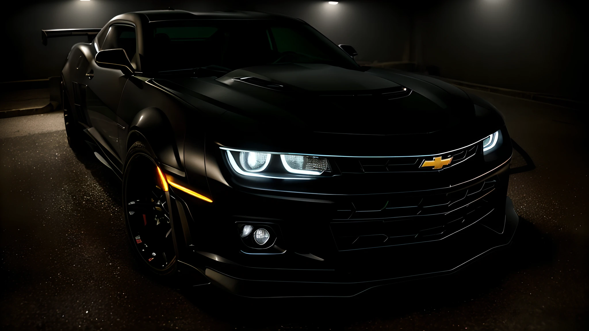Detailed raw HD photo medium-distance photo of a (chevrolet camaro zl1)parked inside a garage (darkly lit, dimly lit, discreet) grunge, menacing urban environment, metal tubes, concreating, decay
(nocturnal, pitch, moody and dark:1.3) (bright headlights: 1.2)