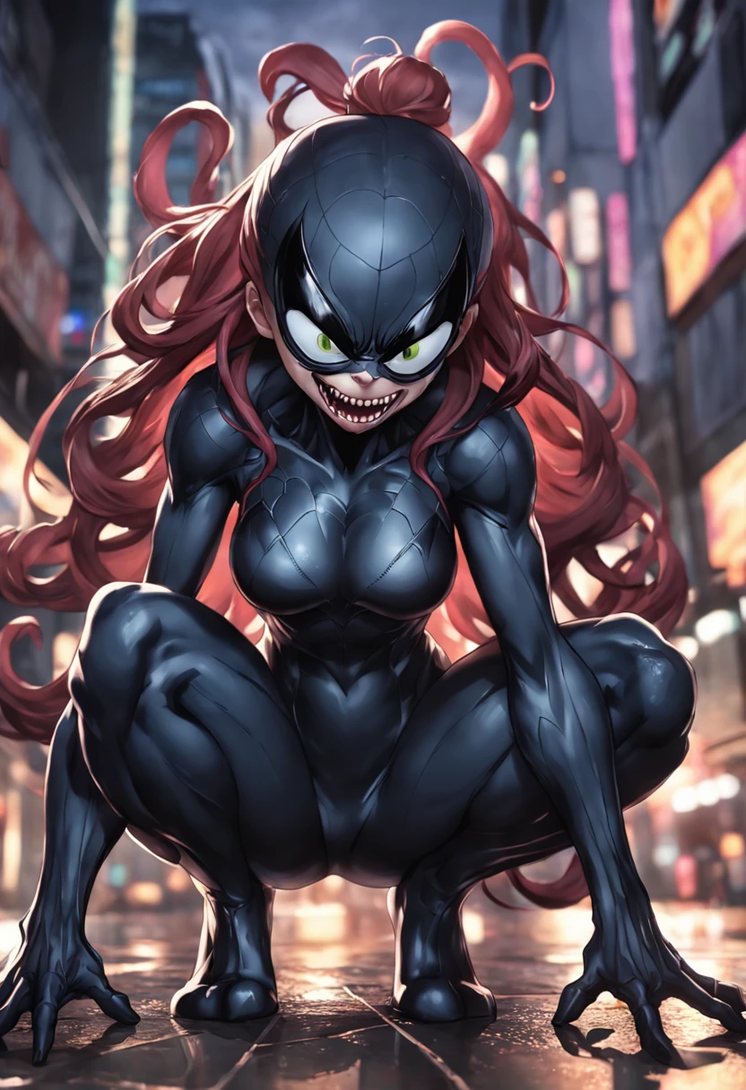 Q version of Moe Moe Venom，Marvel Venom，Full body like，Squat，Close-up，of a real，Facial features are carefully depicted，Realistic skin texture，Dark style，depth of fields，high light，Real light，Ray traching，oc rendered，Hyper-realistic，best qualtiy，8K，Works of masters，super-fine，Detailed pubic hair，Correct anatomy，sharp focus on eyes，Bokeh，Facial features are carefully depicted