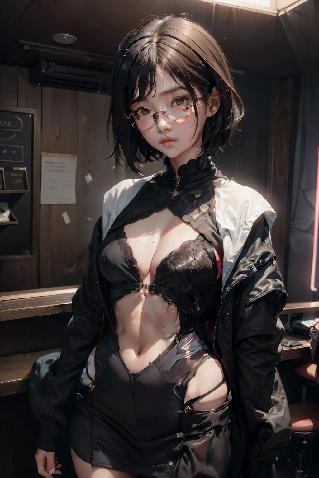 1girll, Beautiful girl, wears glasses, Brown skin, A small mole on the right cheek, Half body, Body length 150 cm, 20 years old, Brown-skinned girl, .(Short black hair, Street hairstyle) , (Black eyes), Realistic eyes, Beautiful and big eyes), Sexy clothes, Small breasts, (8K wallpaper), (Stage wallpaper) 8K, High quilt, Realistic, Beautiful reality, Cool details, RAW photo, realistic dress, Short hair, Black hair, photo-realistic hair, Bright and cool lighting, photograph realistic, cel-shaded, Gel illumination, hyper-detailing,exposed
