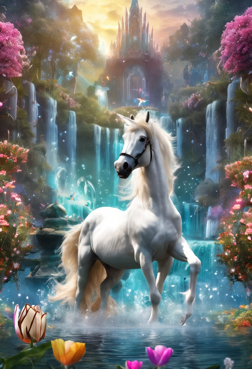 A majestic unicorn, com pelagem branca e brilhante, is standing in front of a dazzling magic fountain. The fountain has crystal clear water that cascades, criando ondas suaves e brilhantes. Multifaceted flower petals float in the air, while colorful butterflies dance around the unicorn. The unicorn looks at the fountain with eyes full of curiosity and wonder, while its horn emits a soft, ethereal glow. The scene conveys a sense of magic, Charm and mystery, convidando os leitores a mergulharem em um mundo de sonhos e aventuras.