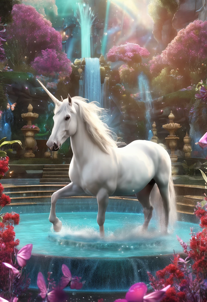A majestic unicorn, com pelagem branca e brilhante, is standing in front of a dazzling magic fountain. The fountain has crystal clear water that cascades, criando ondas suaves e brilhantes. Multifaceted flower petals float in the air, while colorful butterflies dance around the unicorn. The unicorn looks at the fountain with eyes full of curiosity and wonder, while its horn emits a soft, ethereal glow. The scene conveys a sense of magic, Charm and mystery, convidando os leitores a mergulharem em um mundo de sonhos e aventuras.