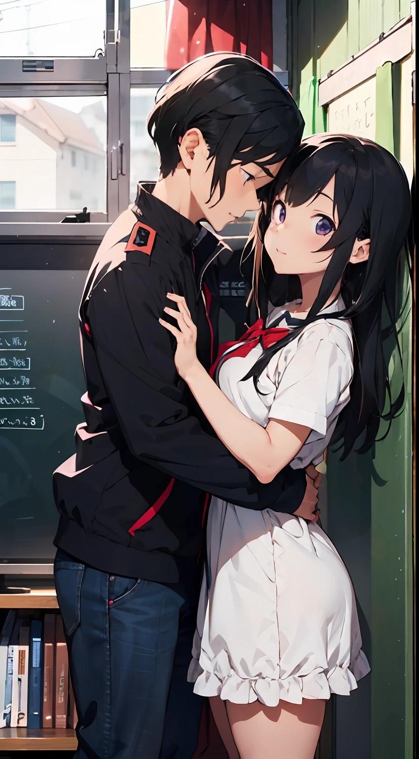 anime couple in uniform hugging each other in front of a chalkboard, an anime drawing by Jin Homura, trending on pixiv, serial art, zerochan art, anime moe artstyle, smooth anime cg art, clean detailed anime art, nick silva and ilya kuvshinov, digital anime art, digital anime illustration, detailed digital anime art, digital anime art!!