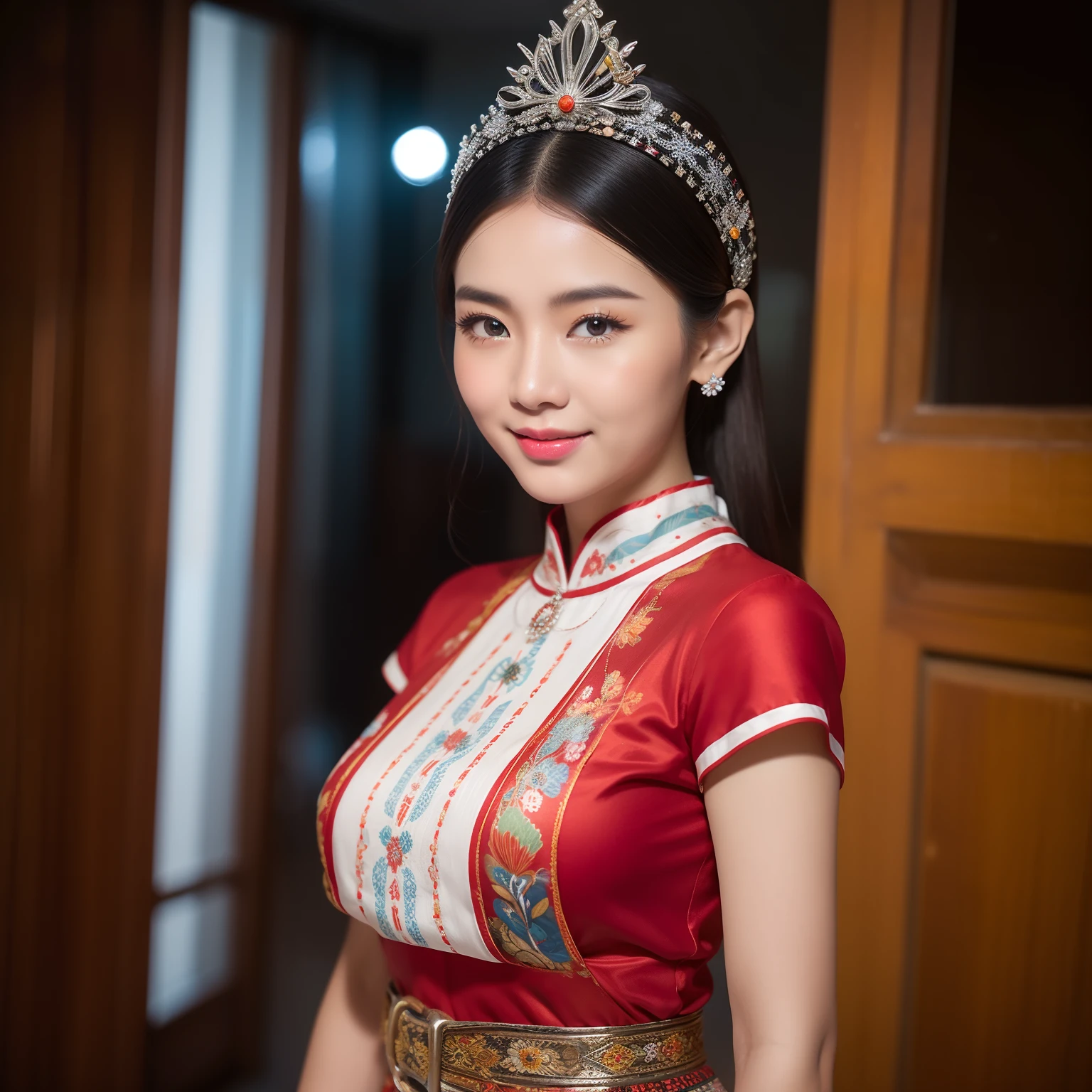 (8K分辨率,Vista full body photo),(1womanl,20yr old,(Facial features of Thai Aum:1.8,s delicate face),详细的脸,Redlip,Fair smooth skin,(Classic Hmong costume:1.4,(nedium breasts、The back is decorated with floral fabric,The cuffs are multi-colored horizontal strips,Cardigans,Short waist long version),Headband silver crown(Silver Crown(styling:It is quadrangular and protruding,entangle,Such as spiral or eccentric,Various patterns are printed on the flat surface),Silver items(Silver collars range from small to large,There are up to seven circles),Silver necklace,Bun hairpins),(pleatedskirt,There is a belt(Hmong embroidery、batik)),耳Nipple Ring,bangle,Tall and tall,The action of the conversation,perfect hand,Ultra-fine clothing material),(Traditional Xijiang Miao village,Festive party night background in cottage,Exquisite environmental details),(exhilarated,confident smile,Rejoice),(profesional lighting,动态照明),((The colors are more balanced,(black in color,blue colors,red colour))),(Golden section,Cinema lenses,Hasselblad photograp,tmasterpiece:1.3),(Miaozhai idol,Focus on the field,trendsetting,Folklore artist,Art platform)