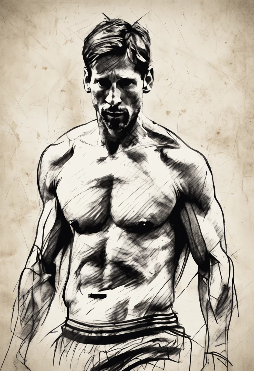 Coarse charcoal sketch on old paper, lionel messi image,Dynamic pose,Clean line art,+Expressive lines,Painting in an expressive sketch style, hatching, Black and white sketch, handpainted, Coarse charcoal sketch on old paper, Muscular male image,Dynamic pose,Clean line art,+Expressive lines,Painting in an expressive sketch style, hatching, Black and white sketch, handpainted, sketching, Linear style::Sketch note style sketch, Linear style::Sketch note style