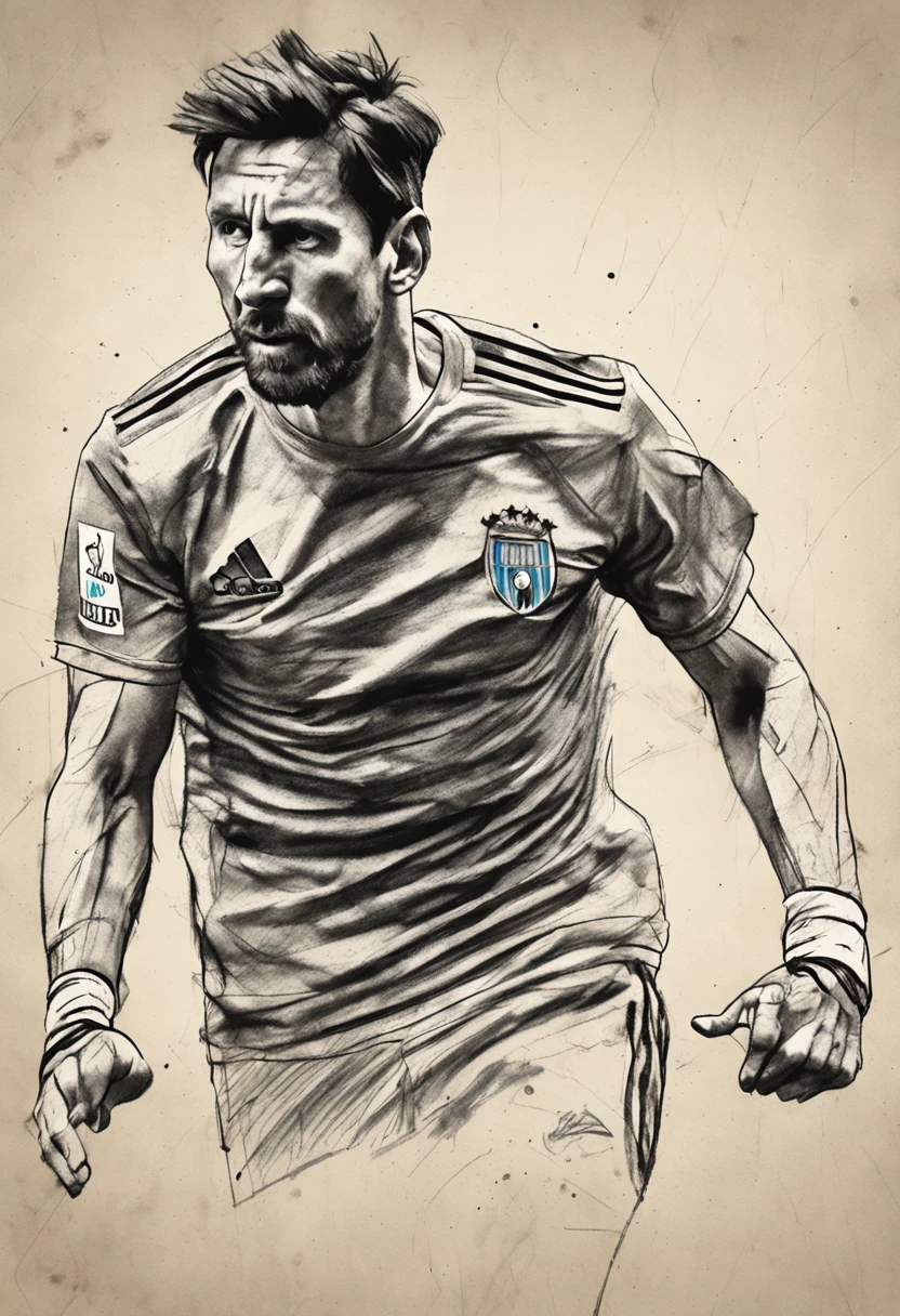 Coarse charcoal sketch on old paper, lionel messi image,Dynamic pose,Clean line art,+Expressive lines,Painting in an expressive sketch style, hatching, Black and white sketch, handpainted, Coarse charcoal sketch on old paper, Muscular male image,Dynamic pose,Clean line art,+Expressive lines,Painting in an expressive sketch style, hatching, Black and white sketch, handpainted, sketching, Linear style::Sketch note style sketch, Linear style::Sketch note style