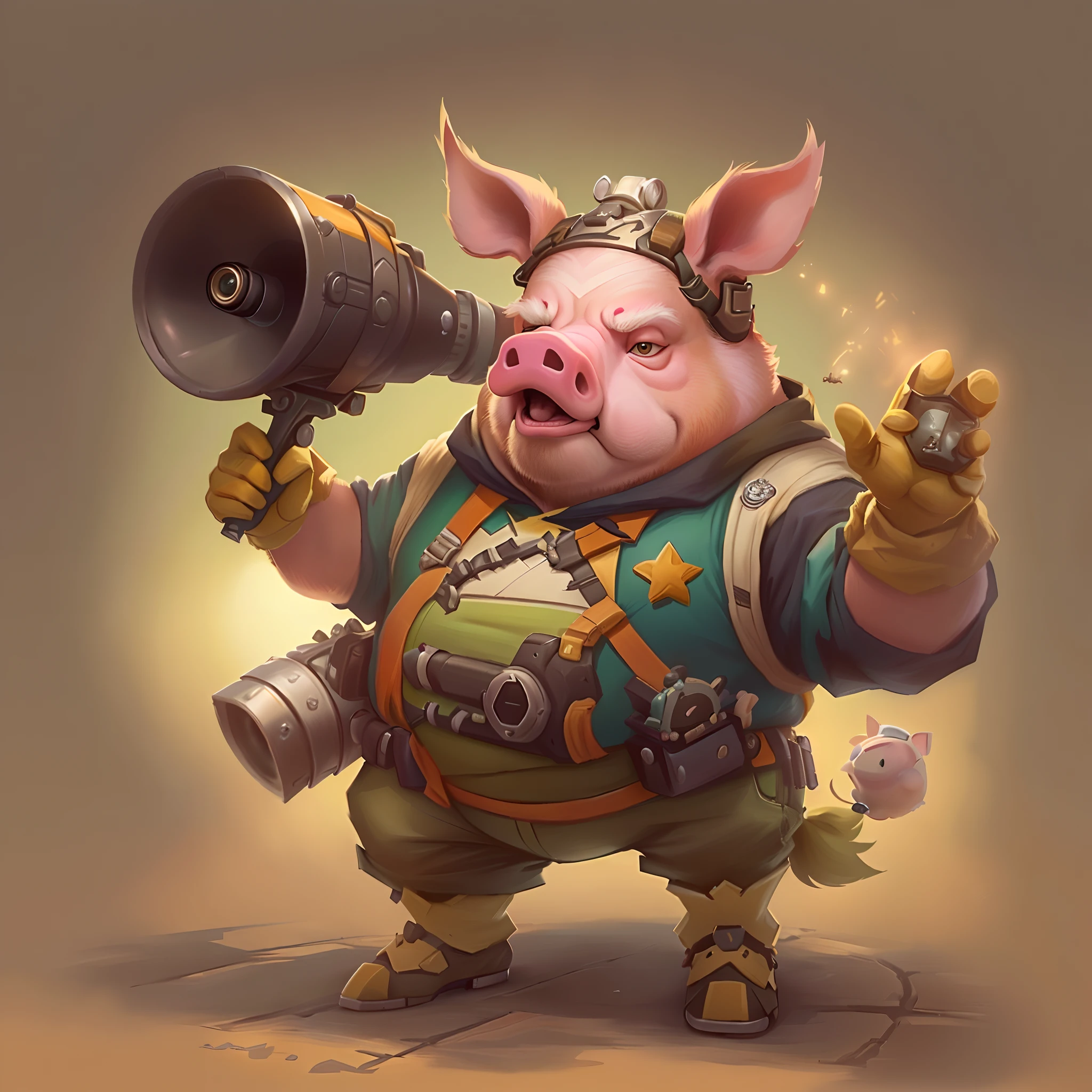 A cartoon pig with a megaphone in his hand, Banchou, anthropomorphic warrior piglet, Ilustraciones oficiales, Roadhog de Overwatch, arte oficial, ! baron harkonnen!, Fanart oficial, kanliu666, por Kanbun Master, Cerdo gigante, cerdo porky, En Jojo\'s bizarre adventure, inspirado por Kanbun Master