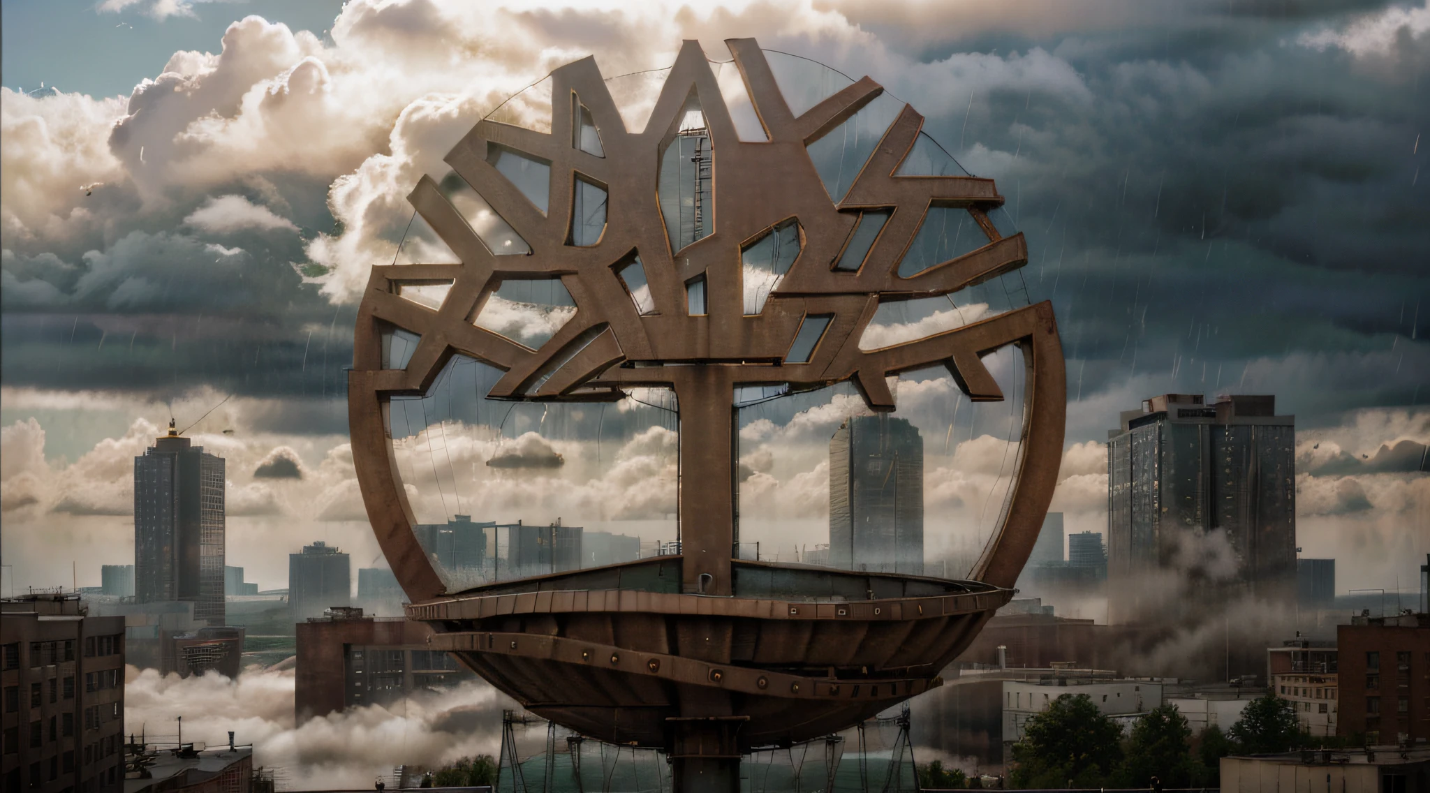 (masterpiece), (high quality), timberland logo monolith, brick and metal, city environment, circular, best quality, rain, thunder, bird's eye view, multi-volume block connection, dramatic, outdoor, window, road, sky, street, photorealistic, realistic, film grain, color gradation, bridge in background, depth of field, elevators, architecture, retro, soviet, Fujifilm XT3 megastructure, fog, cloudy, cloudy