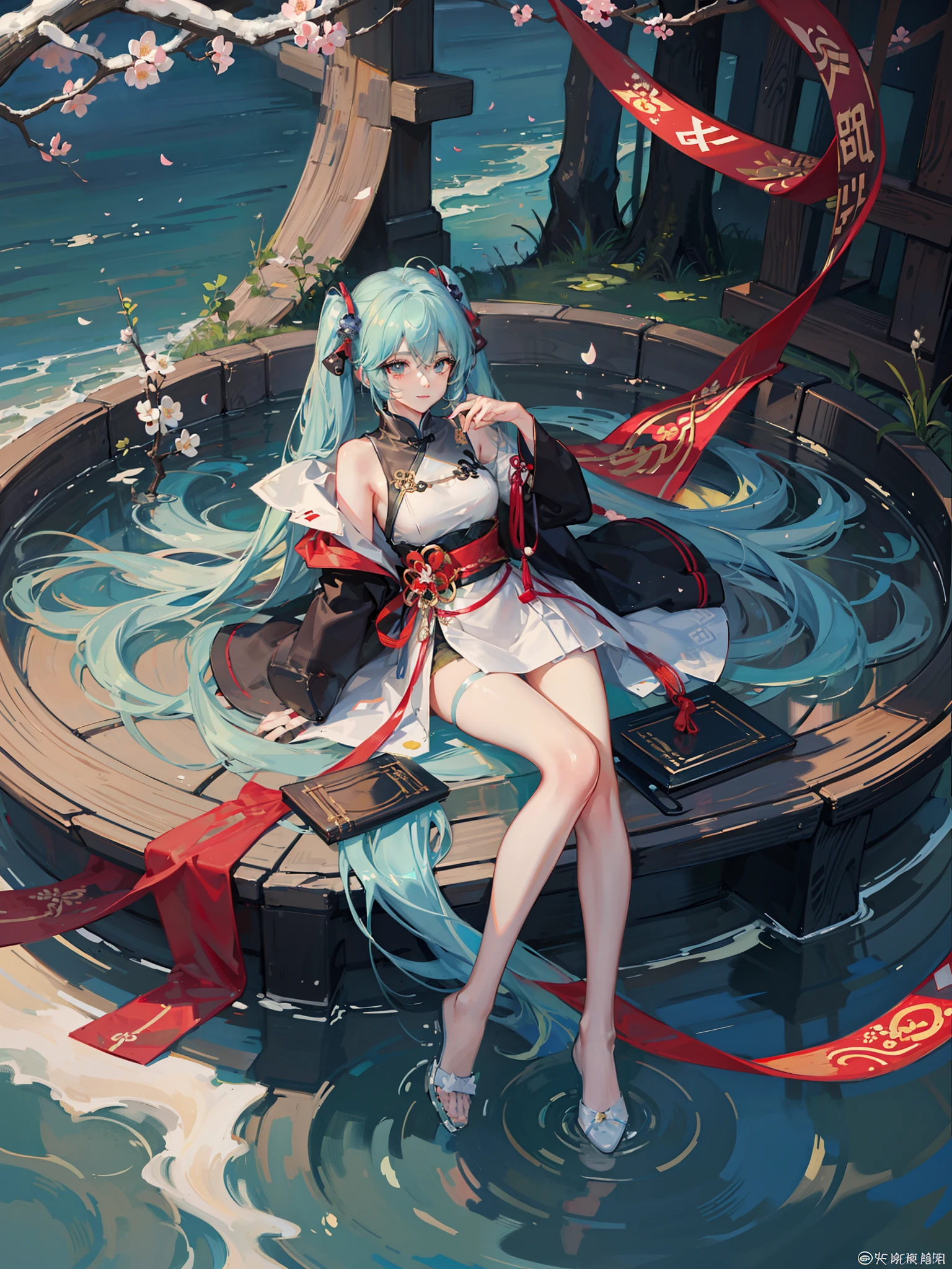 8k，Highest image quality，Big breasts Hatsune Miku，The color combination with a hint of chill is very close to the temperament of the original painting。The Hatsune hair on the plum blossom tree ripples like water waves，Very impressive，This artistic conception is somewhat similar to the "Aoxue Hanmei" in Chinese painting，It can be said that the painter combines Chinese rhyme with two-dimensional themes，Hatsune's turquoise hair is cold and has a bit of elegance，It echoes the snowy scenery on the base。A Chinese white dress embellished with a dark red bow ribbon，The details of the costume fit perfectly with the style of the whole picture，The placket stand collar with Chinese elements is delicate and beautiful，The gray-green plain clothes under the white coat are very attractive。