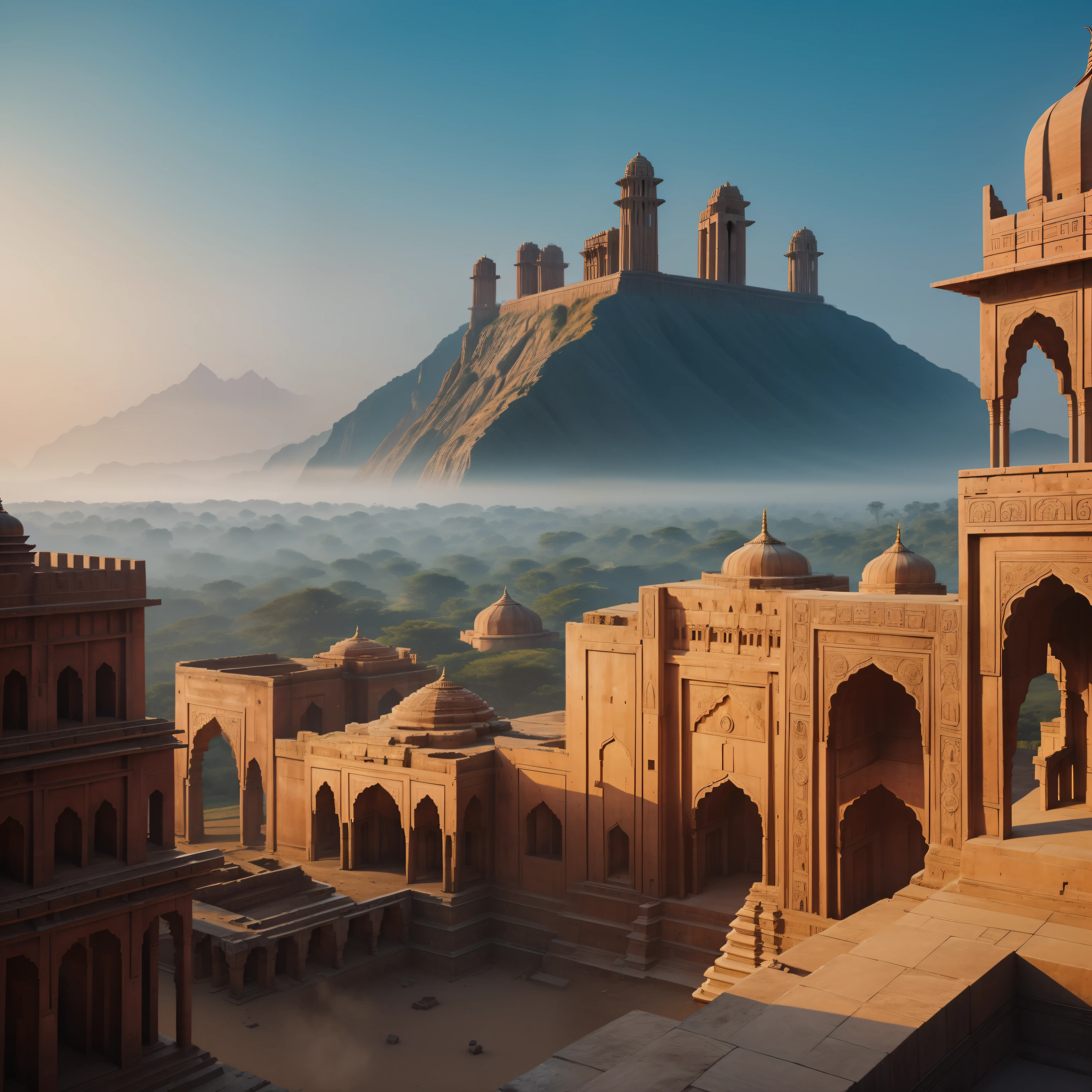 "(Majestic+Fantastic) ancient India, imagine an epic and mysterious scene with horizons surrounded by magnificent and towering ancient Indian buildings."