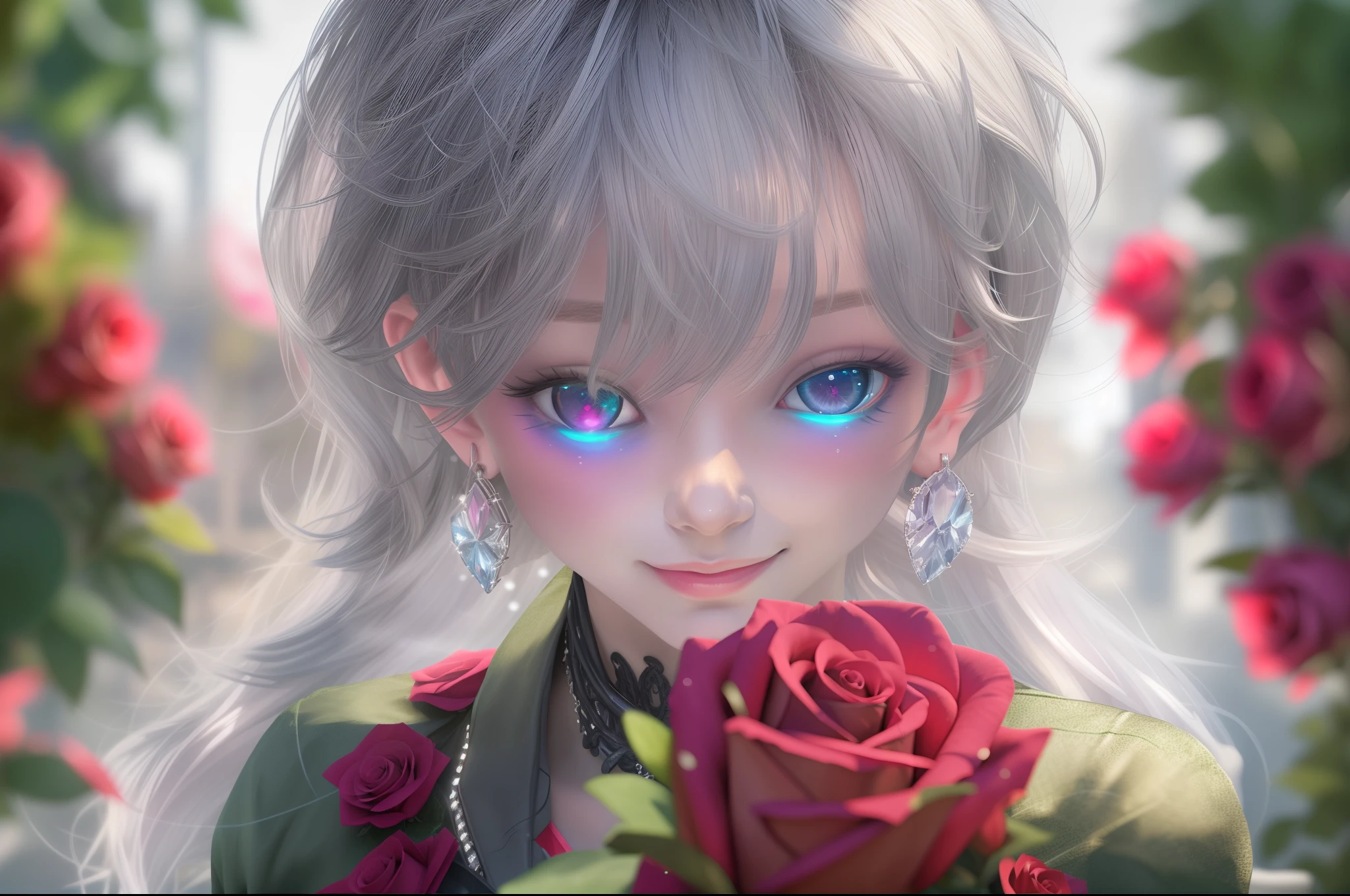 Garden covered with red roses in the background, Silver hair, front ponytail, eyes reflection, red contact lenses, Pink eyes,Heterochromia， Wear earrings, Blue crystal pendant，Evil smile, shairband，High detail, romanticism lain, Depth of field, Sparkle, Ray tracing, viewfinder, zoom layer, Close-up, Bokeh, Anatomically correct, High details, 1080p, hyper HD