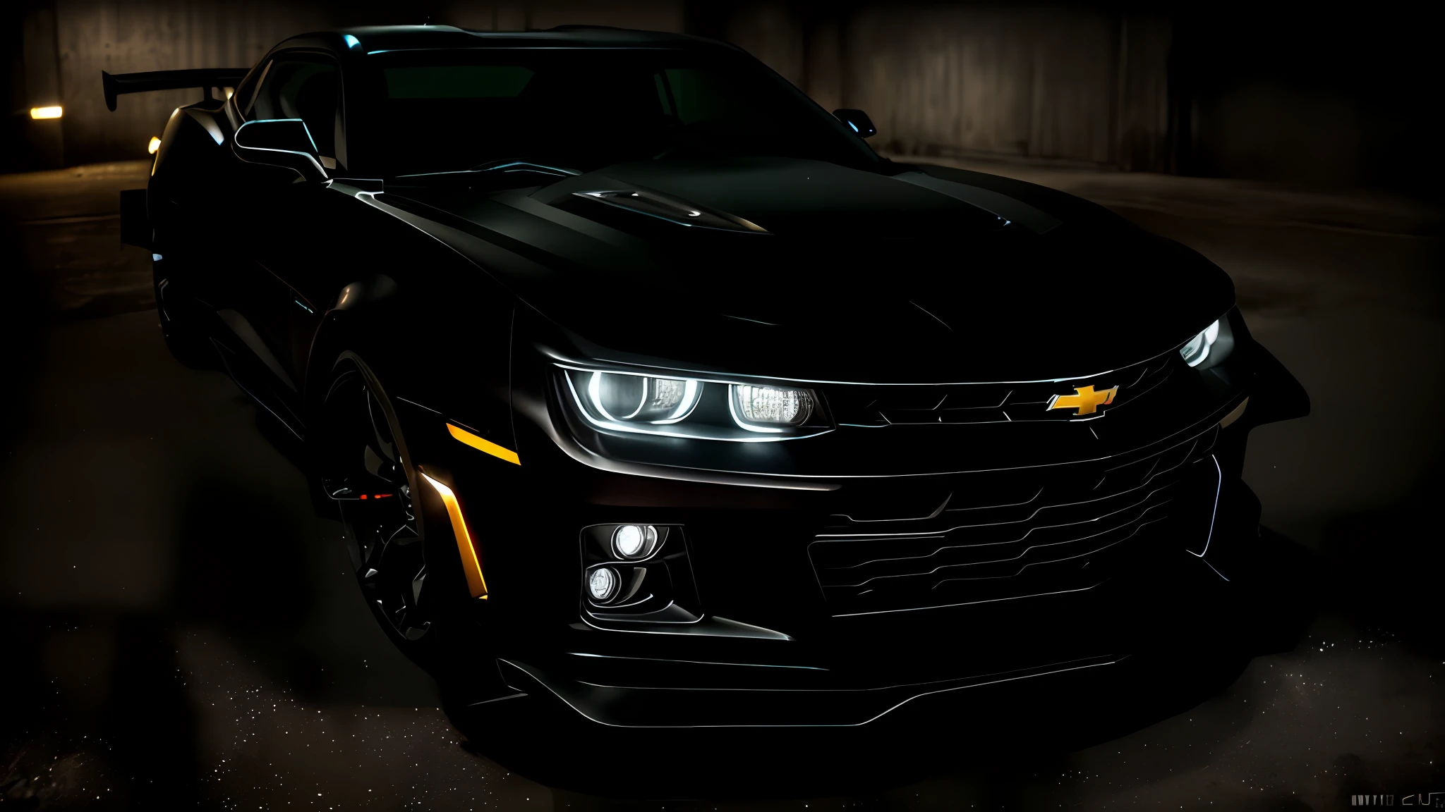 Detailed raw HD photo medium-distance photo of a (chevrolet camaro zl1)parked inside a garage (darkly lit, dimly lit, discreet) grunge, menacing urban environment, metal tubes, concreating, decay
(nocturnal, pitch, moody and dark:1.3) (bright headlights: 1.2)