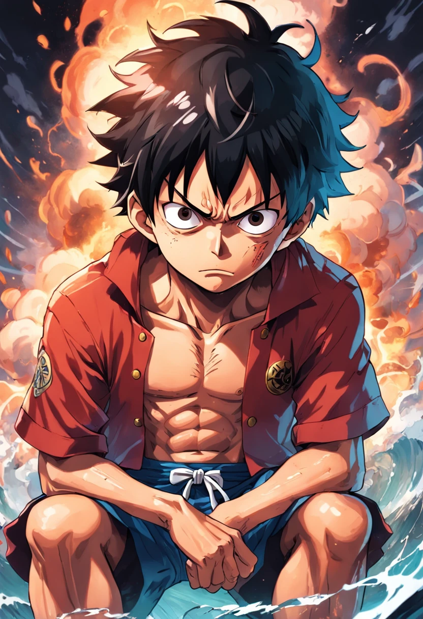 "a detailed illustration of Monkey D. Luffy in mob clothes and a serious expression on his face, Estilo One Piece, characteristic style of art by Eiichiro Oda, corpo inteiro, artistic work"
