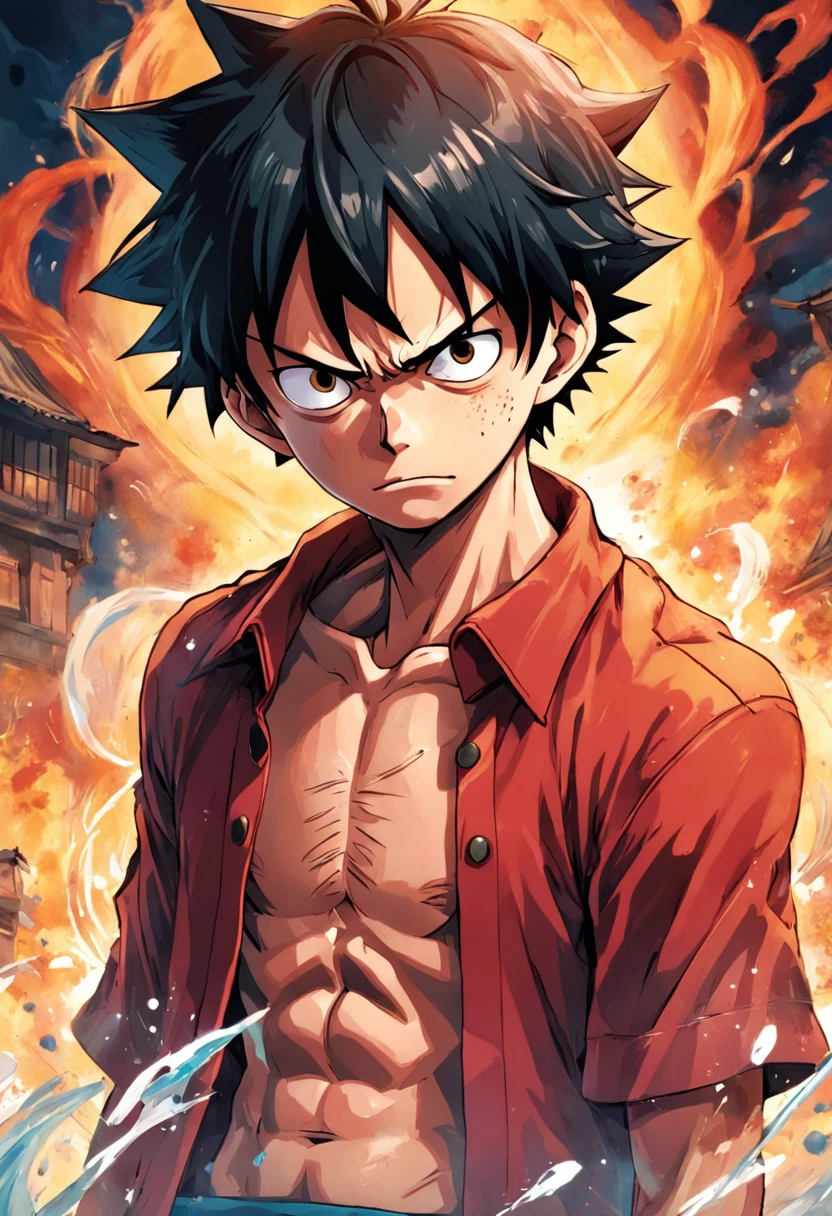 "a detailed illustration of Monkey D. Luffy in mob clothes and a serious expression on his face, Estilo One Piece, characteristic style of art by Eiichiro Oda, corpo inteiro, artistic work"