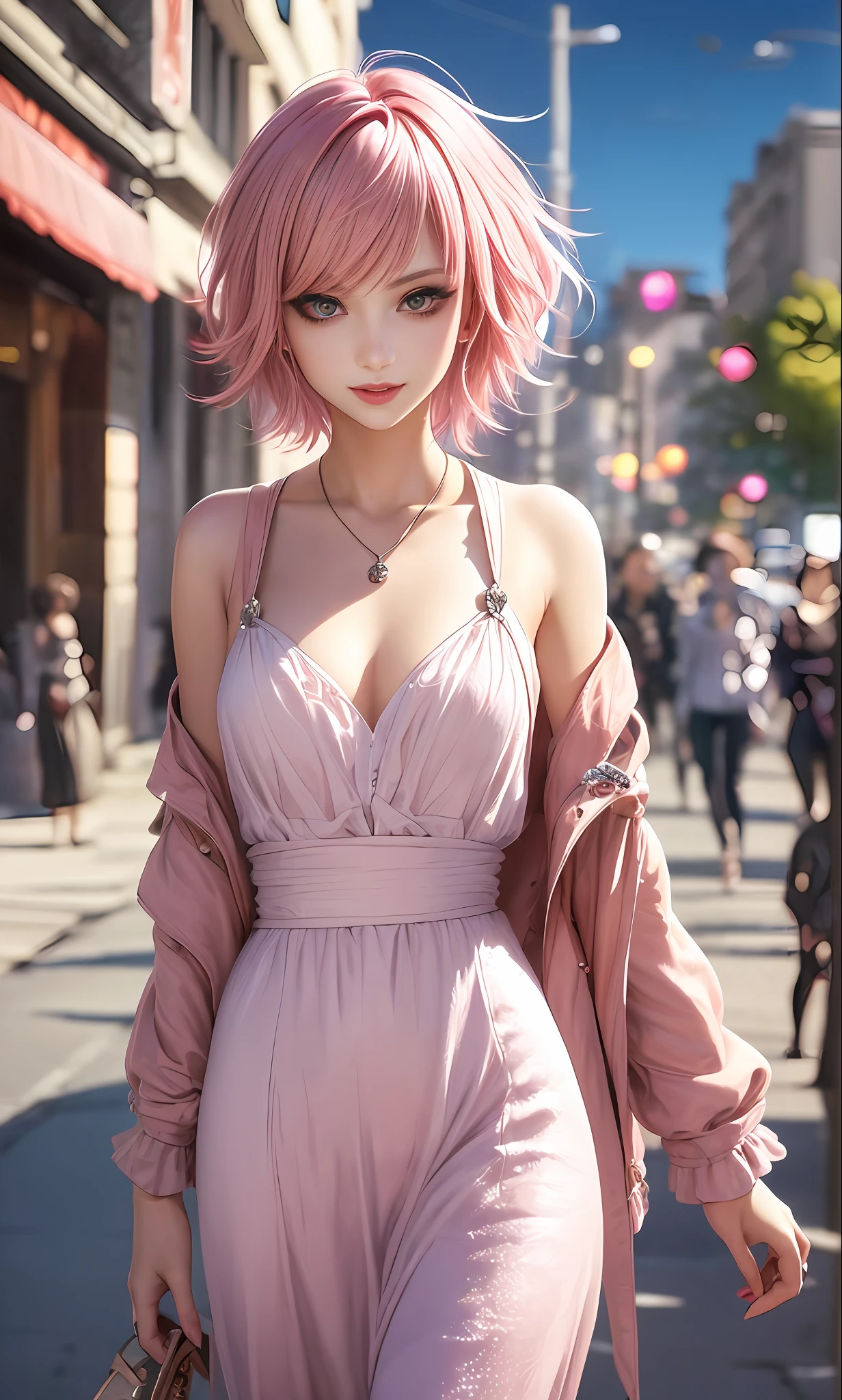 ​masterpiece, top-quality, ((1womanl)), Adults, different color, finely eye and detailed face, intricate detailes, Casual clothing, window, A smile, Happiness, tenderness, high-level image quality、 selfee, Beautuful Women、tall、Small face, The upper part of the body、nightfall, nighttime scene、𝓡𝓸𝓶𝓪𝓷𝓽𝓲𝓬、Korea person, Idol Photos, Model photo, k pop, Professional Photos, Vampires, Korean fashion in black and white, Fedoman with necklace, inspired by Sim Sa-jeong, androgynous vampire, :9 detailed face: 8, extra detailed face, detailed punk hair, ((eyes are brown)) baggy eyes, Seductive. Highly detailed, semi realistic anime, Vampires, hyperrealistic , Delicate androgynous princess, imvu, ((short hair woman)), Pink hair woman with wild look, ((Woman with short pink hair)), ((1 persons))