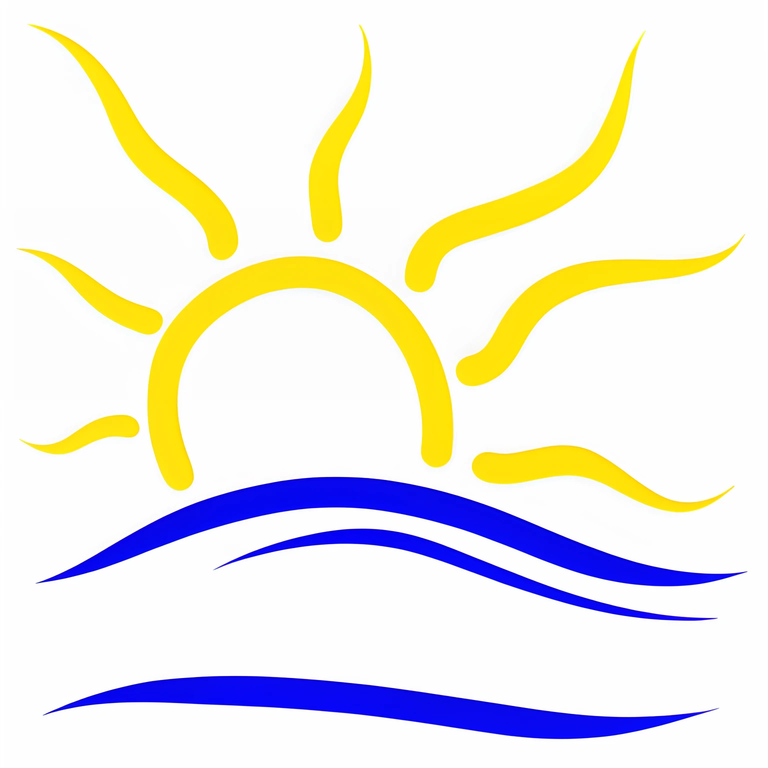 Un sol amarillo con siete rayos amarillos encima de una ola azul en la playa