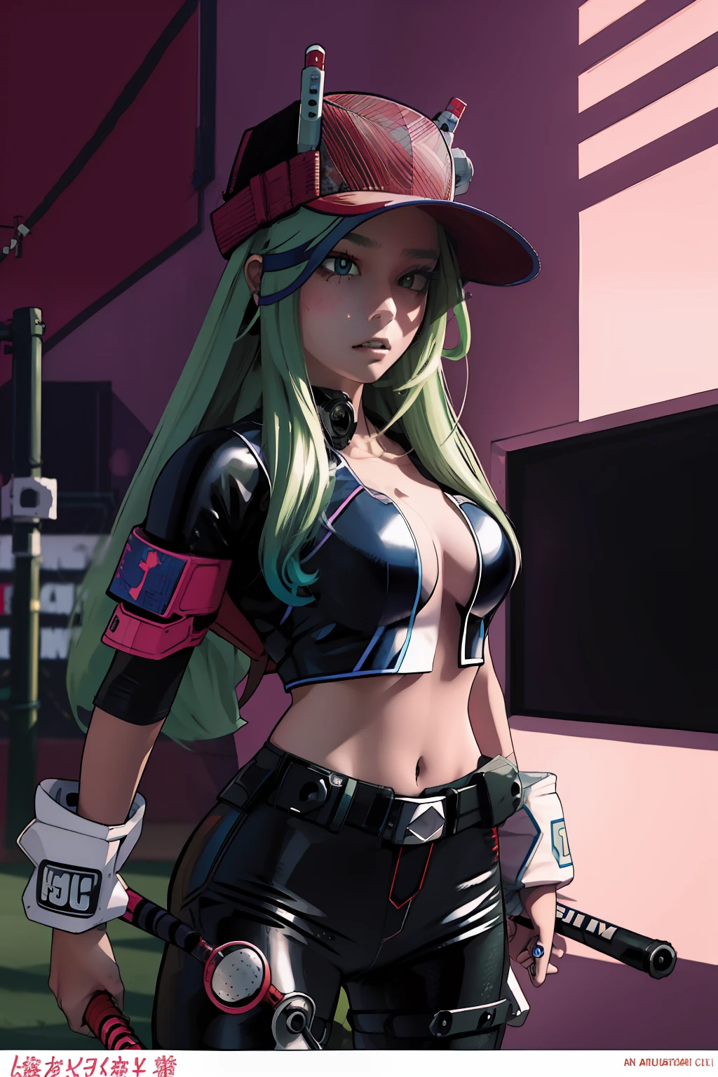 tmasterpiece,best qualtiy,8k wallpaper,The is very detailed,illustratio,(perfect bodies:1.1), 1个Giant Breast Girl, dual horsetail,wearing hat,Cyberpunk-inspired short outfits, Baseball bat, Turn Back,exposed