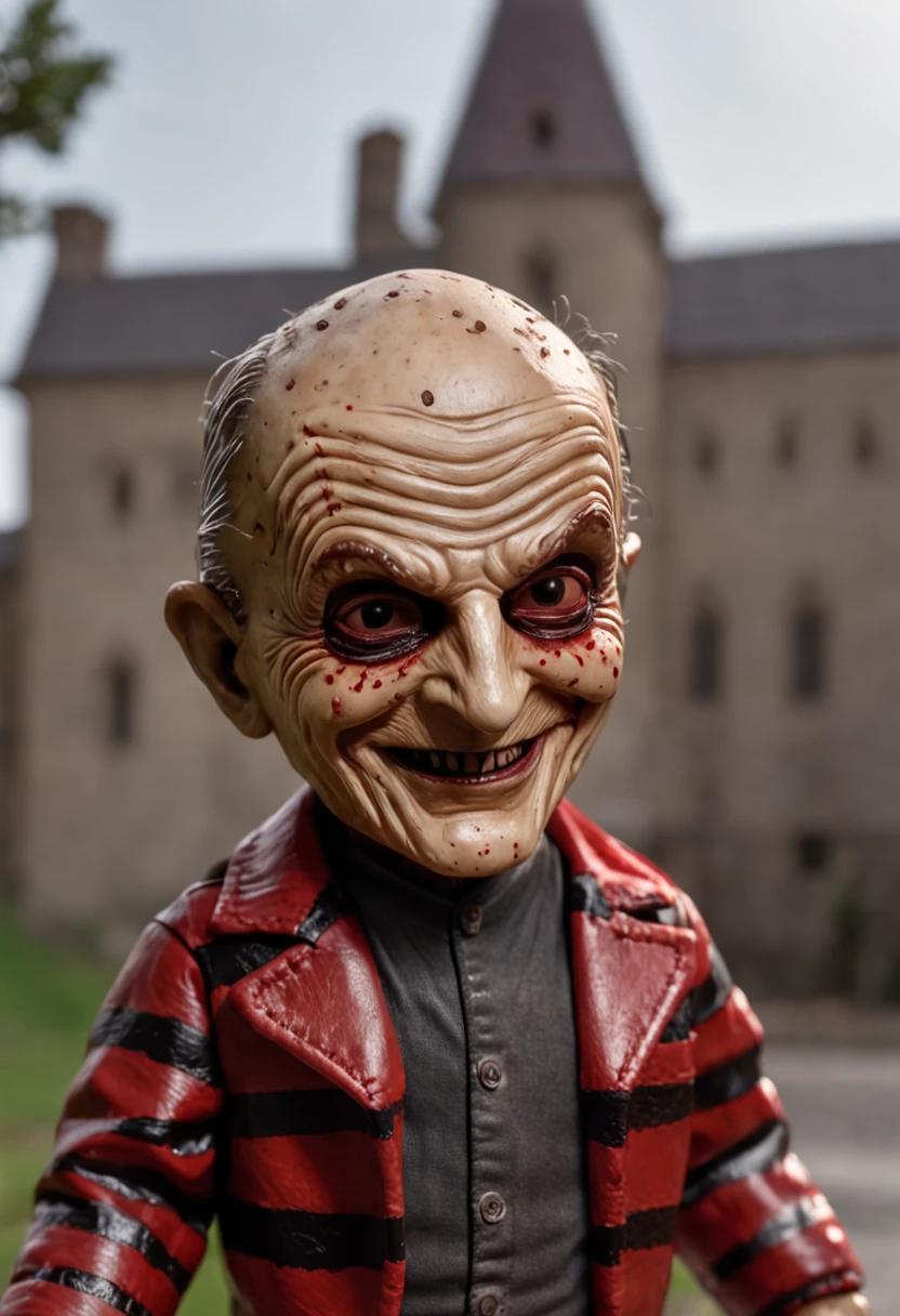 Masterpiece Chibi Freddy Krueger creepy smiling, Red Dress, Blood and roses, In a Castle, detailed and Intrincicated, HD, isometric fractal Bioluminicense