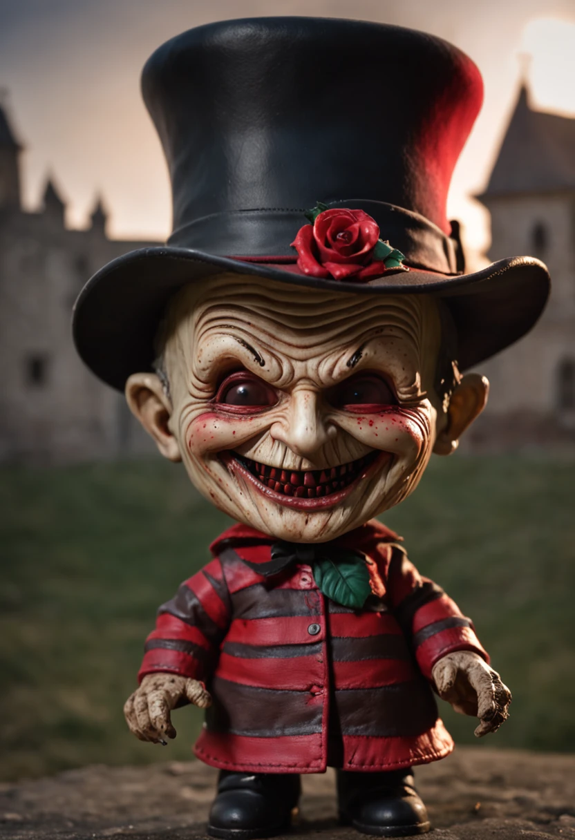 Masterpiece Chibi Freddy Krueger creepy smiling, Red Dress, Blood and roses, In a Castle, detailed and Intrincicated, HD, isometric fractal Bioluminicense
