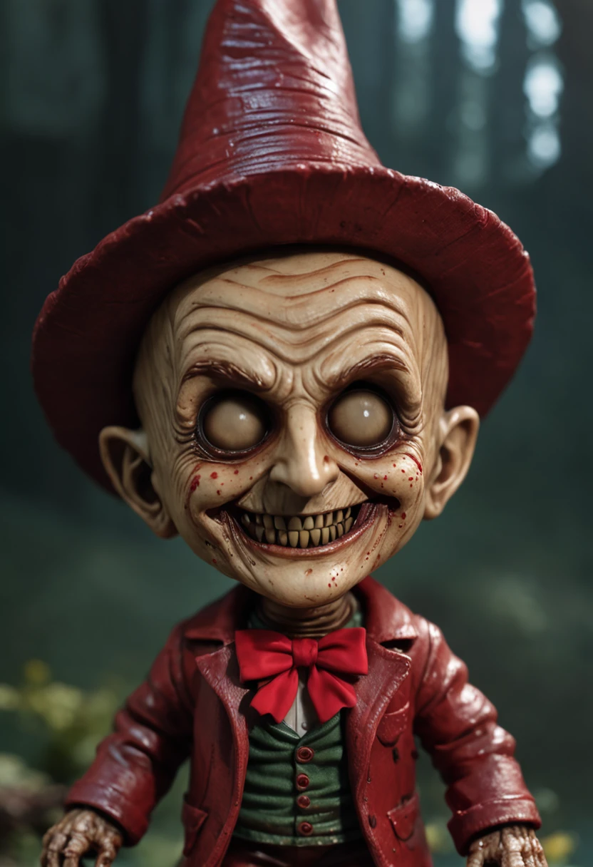 I want a character with a grotesque and terrifying appearance. Here I detail their features:
1. hair: Messy and dark colored, made with materials that look like paper or fabric, giving it a scruffy and unkempt appearance.
2. eyes: Only has one visible eye. This eye is big, of a yellow tone, with a fixed and penetrating expression. The other eye is absent, leaving a bleeding hole where it should be, with details of exposed flesh.
3. face: The skin is pale, with dark, bloody stains spreading around the wounds. The eyebrows are outlined and slightly arched..
4. nose: It is small and triangular in shape., located in the center of the face.
5. boca: Part of the mouth is destroyed, showing sharp and bleeding teeth. The rest of the mouth has a neutral expression., but the exposed part reveals a serious wound that highlights its sinister appearance.
6. barba: Has light facial hair, with a shadow of a beard that is barely noticeable.
7. CLOTHES: He wears a red and black checked shirt, which contrasts with the paleness of her skin.
In general, the figure has a creepy appearance, with several open wounds exposing his flesh, giving it a monster or zombie look.