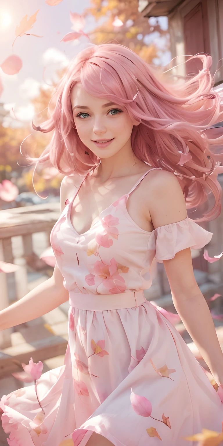 Portrait photo, ((Maximum resolution 8k)), beautiful woman, the most beautiful, white skin, European, Caucasian face, happy expression, ((pink hair: 1.4), beautiful pink hair, moved by the wind, beautiful face, beautiful figure , autumn petals in the air, little dress moved by the wind, natural lighting, high contrast