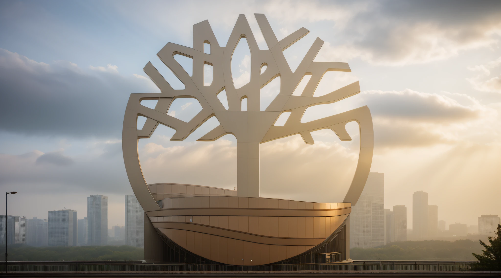 (masterpiece), (high quality), timberland logo monolith, brick and metal, city environment, circular, best quality, rain, thunder, bird's eye view, multi-volume block connection, dramatic, outdoor, window, road, sky, street, photorealistic, realistic, film grain, color gradation, bridge in background, depth of field, elevators, architecture, retro, soviet, Fujifilm XT3 megastructure, fog, cloudy, cloudy