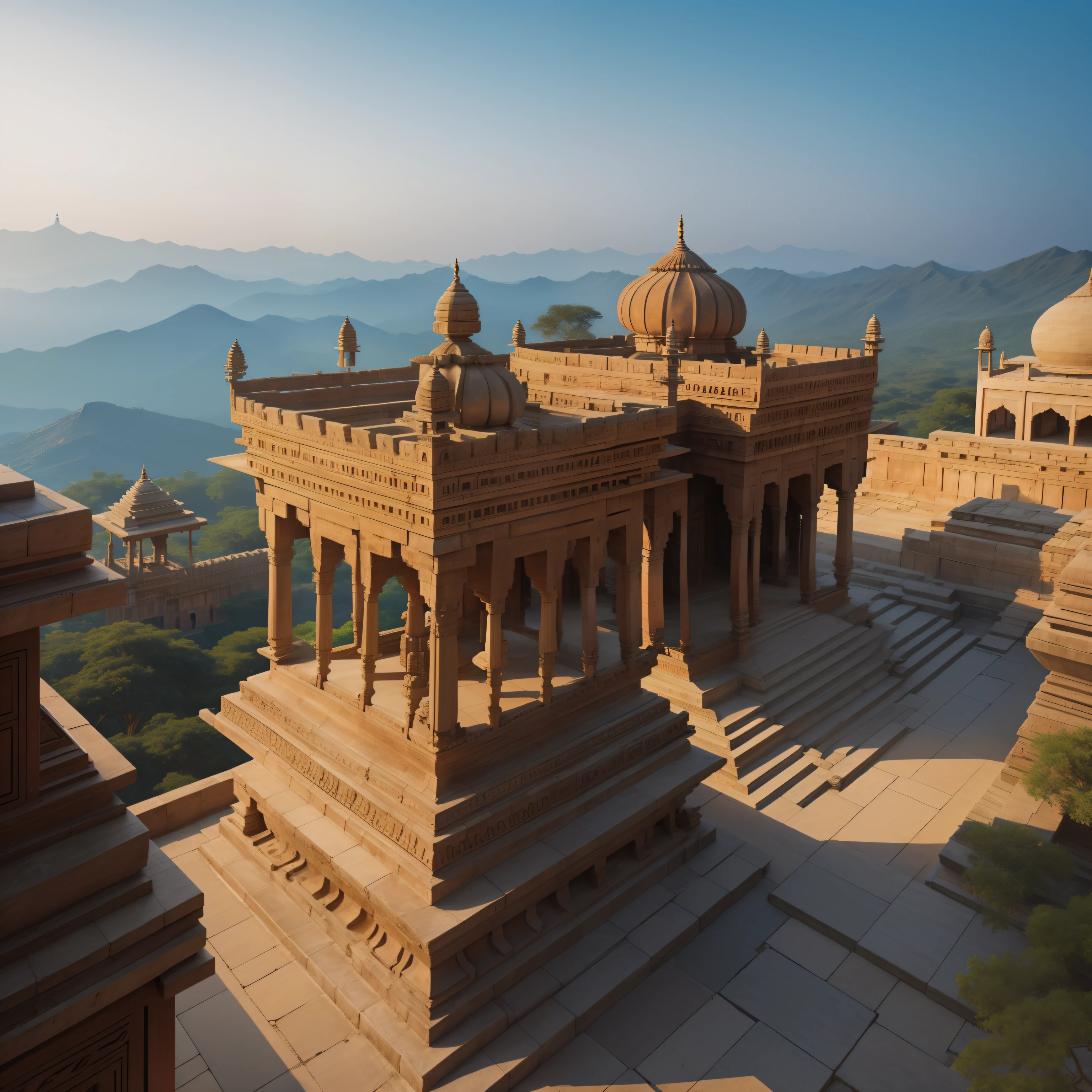 (Majestic+Fantastic) ancient India, envision an enchanting and enigmatic setting with sprawling horizons embraced by grand and majestic ancient Indian architectural marvels.