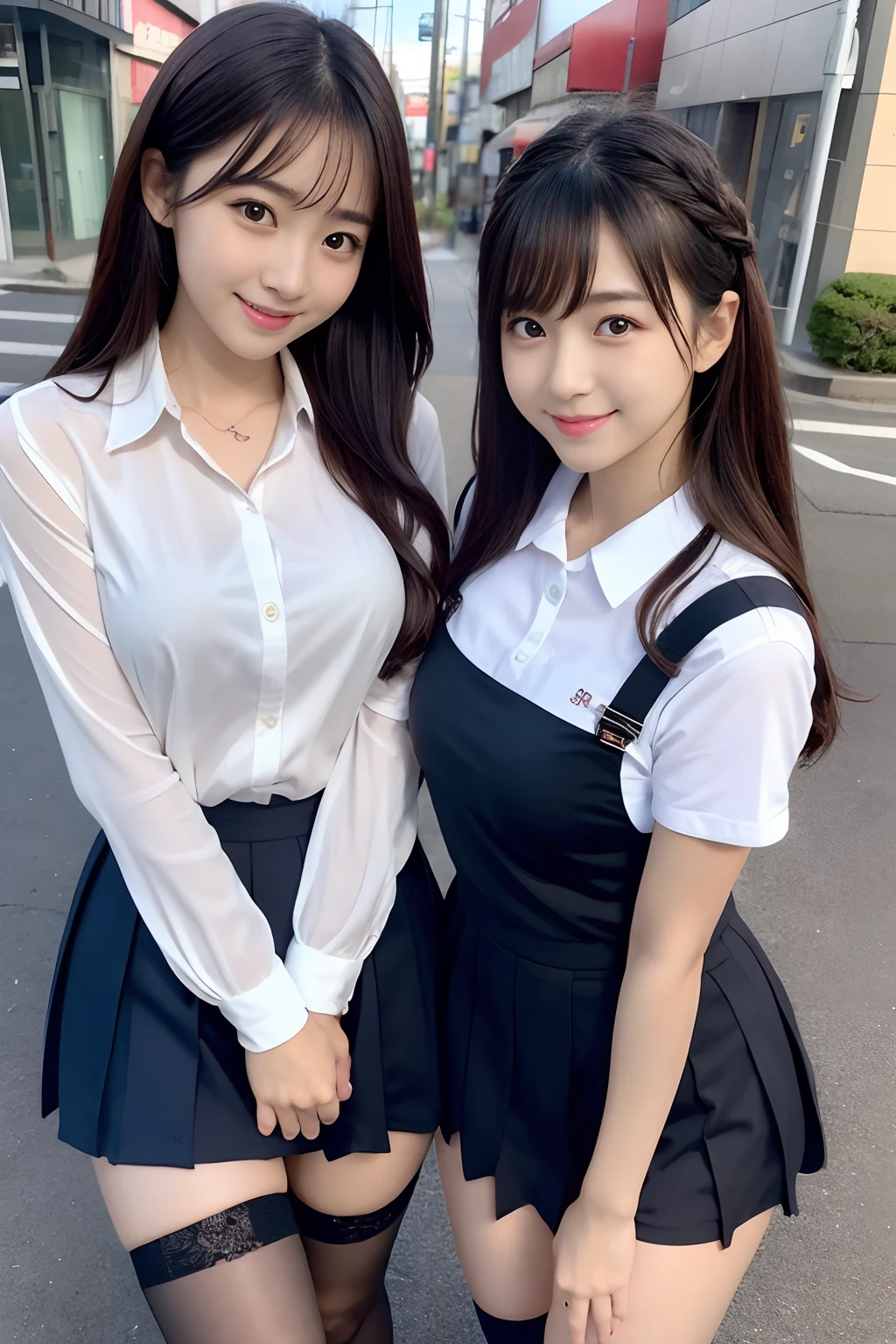 top-quality、Facial Focus、Soft light、(depth of fields)、超A high resolution、(Photorealsitic:1.4)、Raw photography、(above knee:1.4)、((Two girls standing on their inner thighs))、((Standing with one knee slightly bent))2 Japan girls、Two 20 year old girls、Colossal tits、(full of shyness、cold smile:1.1)、(Brown-eyed)、detailed beautiful faces、(Cute hairstyle)、high-angle shot、Center view、Two arafe asian women in satin shimmies standing on city street、Phenomenally cute girl、japanaese girl、Wearing a lace slip shimmy、a hyperrealistic schoolgirl、a hyperrealistic schoolgirl、Idol Pose、full body Esbian、Nice skin、glistning skin、lovely thighs、glowing thigh、shining legs、Black high socks above the knee、High School in Japan 、乃木坂アイドル、韓国アイドル、Invite you inside、((Inviting eyes))