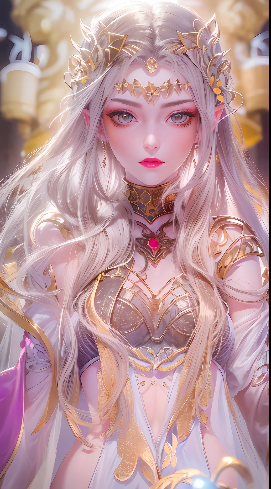 1 20 year old girl, 1 goddess Athena, pink purple silk dress, beautiful goddess Athena face without blemishes, delicate yellow nightgown, long thin sequin nightgown with many sexy black lace details, 1 beautiful thin red silk cloth half veil, female saint legend, female saint icon, beautiful goddess style glitter, dark and mysterious version, vermilion lips, plump red lips, not smiling, mouth closed, delicate and beautiful pino detailing, delicate and beautiful lip detail, , (pure and flawless face: 1.9), female saint body, round chest, big and round breasts, phoenix brooch, long flat bangs, (7-color rainbow hair: 1.9), flower stickers tattoo on forehead, beautiful clear face and well-proportioned eyes, (transparent yellow eyes: 1.8), (big round eyes and makeup, sexy wet eye makeup, very beautiful and meticulous hair makeup, long and delicate blonde hair, delicate, body image: 1.8), figure: and vivid, (stars that make up the sky: 1.7), (the sky of heaven and the fictitious gate of time and space: 1.8), fictional art, RAW photos, hanfu photos, best photos, high resolution, best quality, best photos, best goddess quality, 8k female, super 8 single saint portraits, truest color schemes, masterpieces, best beauty brands, best hair jewelry, brand real photo, dark studio, border light, two-tone lighting, (rose white skin: 1.4), (high skin detail: 1.1), 8k uhd, d slr, soft light, 8k, high quality, candid, volume Smooth and sharp, 10x pixel increase, sexy goddess, sexy goddess, (background space: 1.8), (most beautiful aurora eyes: 1.7), beautiful eyes, aurora beautiful and flowery, (beautiful single girl: 1.8), (more details:0.8),