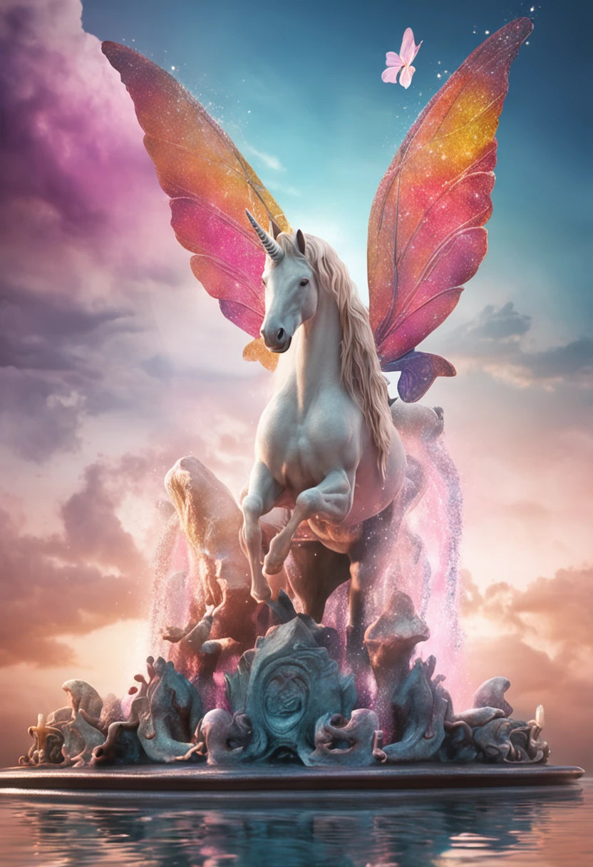 The image shows an imposing unicorn, com uma pelagem branca e brilhante, Standing on the edge of a beautiful magic fountain. The spring water flows smoothly, criando pequenas ondas luminosas. The unicorn looks at the fountain with eyes full of curiosity and admiration, enquanto seu chifre irradia um brilho suave e cintilante. Ao redor da fonte, colorful flowers bloom in all the colors of the rainbow, enchendo o ar com um aroma doce. Magical butterflies and enchanted birds fly around the unicorn, creating an aura of magic and mystery. No horizonte, A starry sky full of white clouds creates a magical and enchanting scenery. This image conveys the feeling of a dream world where magic and adventure coexist harmoniously.