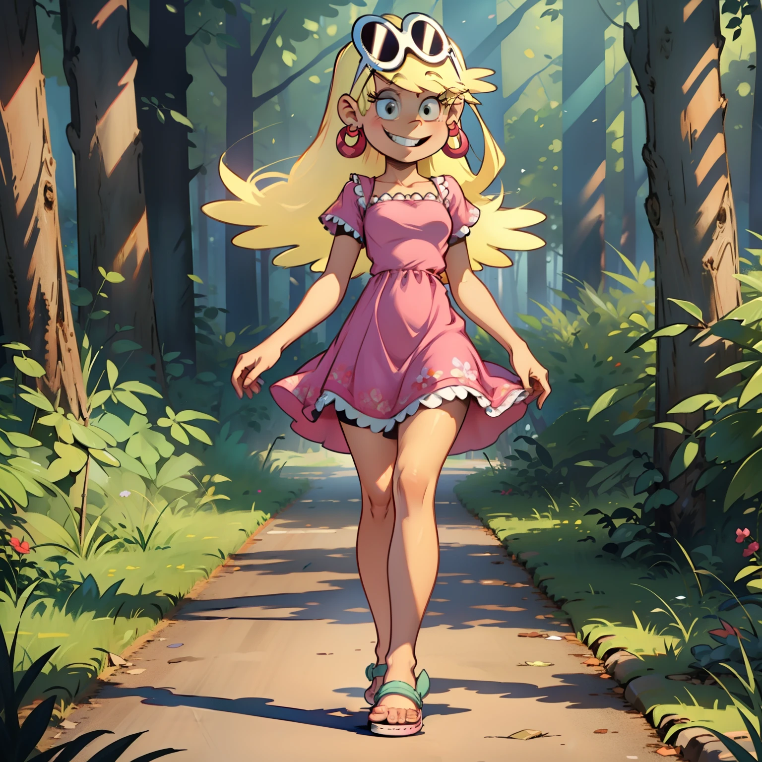 ((masterpiece, best quality)),solo,1girl, full body, leni loud, blonde hair, long hair, pink dress, earrings, eyewear on head, hoop earrings, forest, smile, sandals, walking,