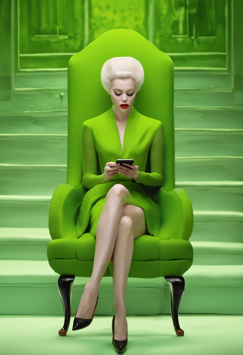 There is a woman sitting in a chair with a cell phone, Luz verde ambiental, Luz ambiental verde, inspirado por Ray Caesar, Greenish lighting, green lighting, Aura verde, Emma Watson como una silla de aguacate, Luz matricial verde, inspirado por Chris LaBrooy, androide femenino retrofuturista, Dramatic green lighting, android heroine, luz verde, Biophilia mood