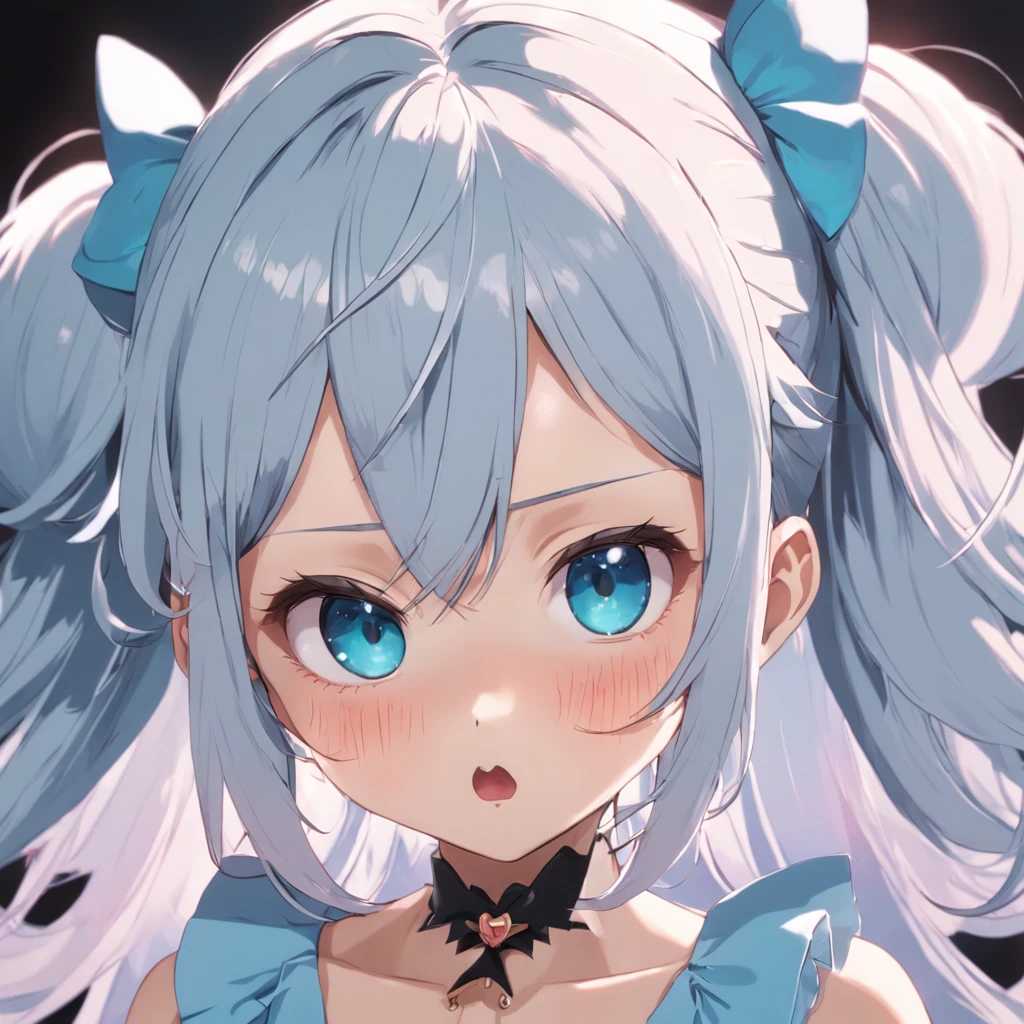 longeyelashes, ear blush, fang, silver hair, hime cut, twintails, hairpin, hair bow, mole under eye, gradient eyes, aqua eyes, rabbit ears, pout, heart in eye, drop shadow, stereogram, tachi-e, pov, anime style, Verism, ray tracing, silhouette, pov, super detail, ccurate, best quality, highres, textured skin, high quality, 16k